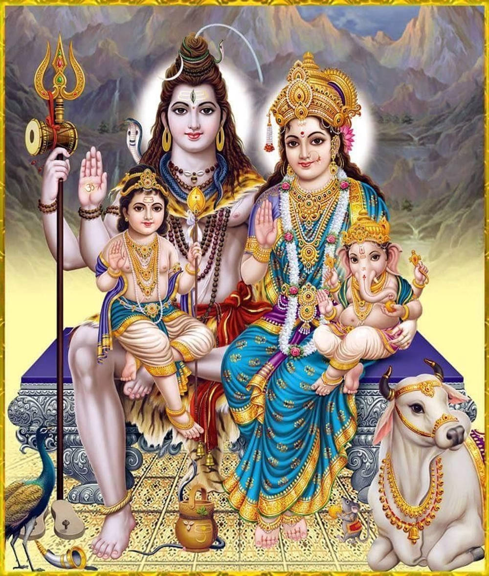 Shiva Parvati With Kartikeya And Ganesha Portrait Background