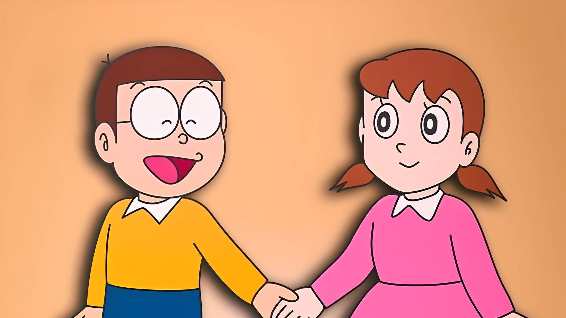 Shizuka Doraemon And Nobita Holding Hands Background
