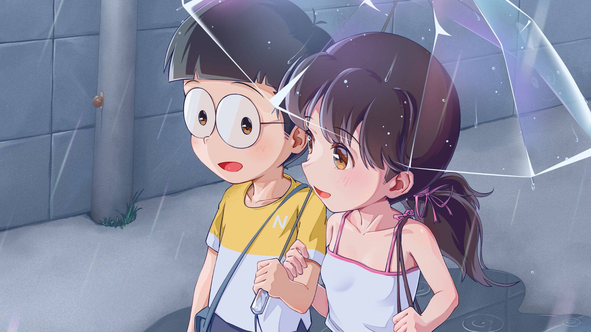 Shizuka Doraemon And Nobita Under Umbrella Background
