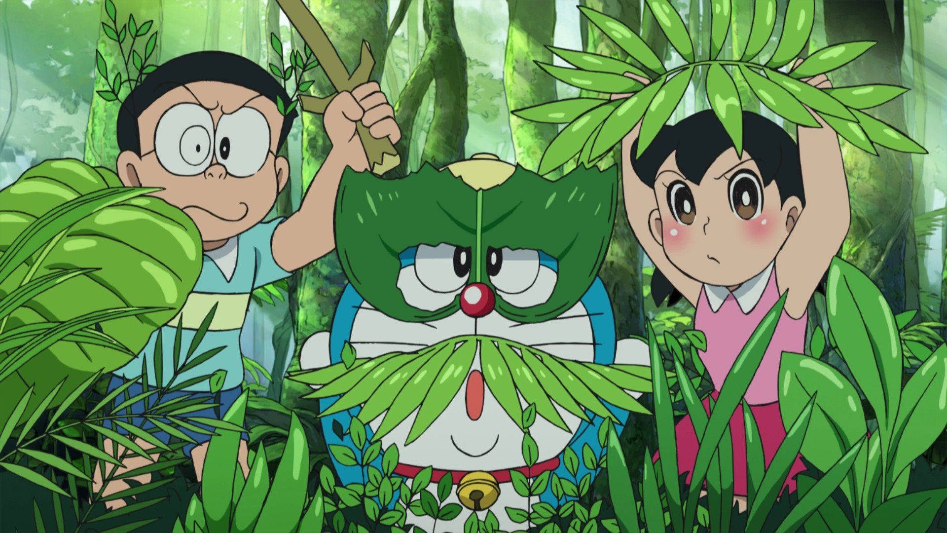 Shizuka Doraemon Nobita Camouflage Leaves Background