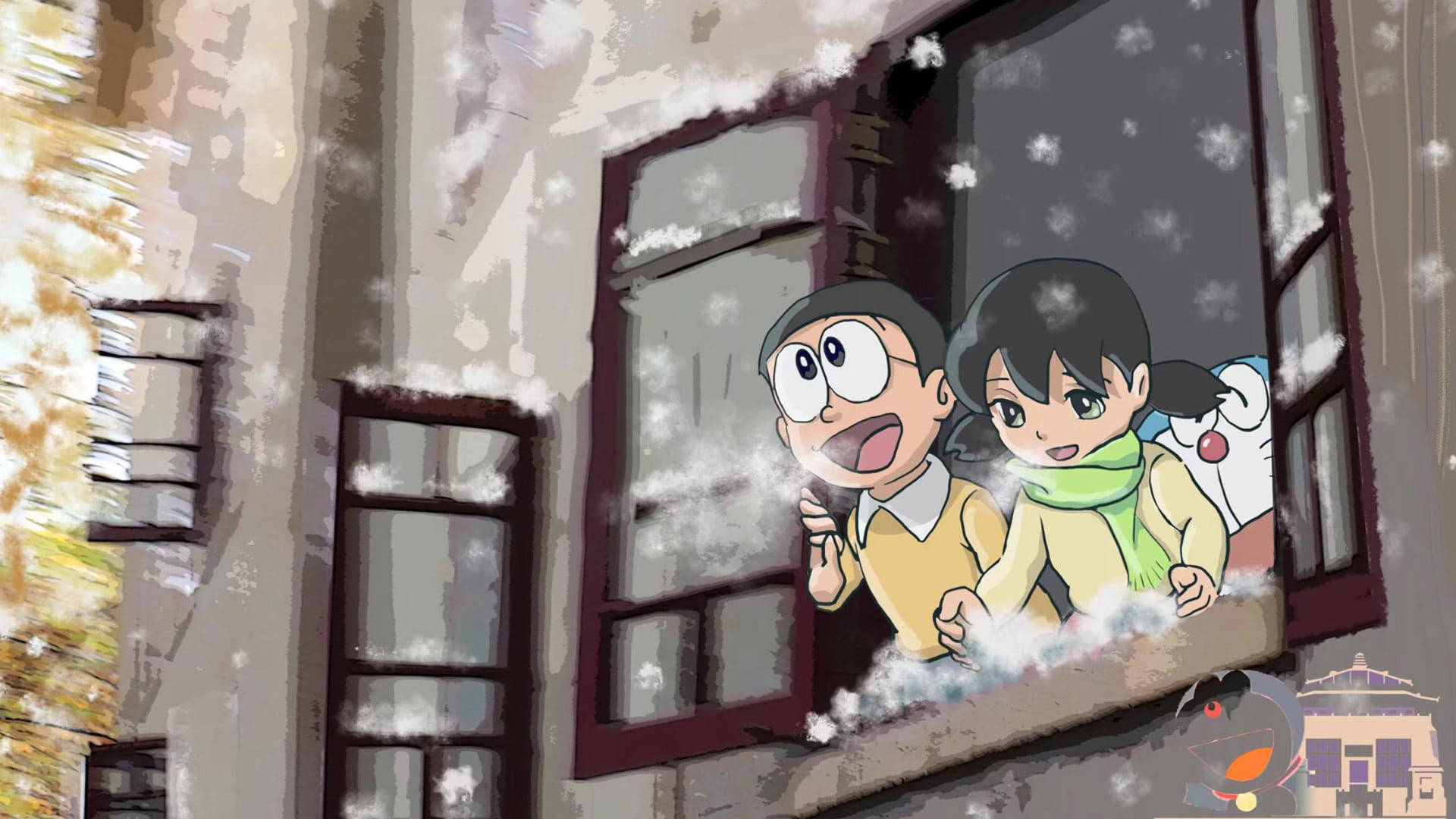 Shizuka Doraemon Nobita Snow Window Background