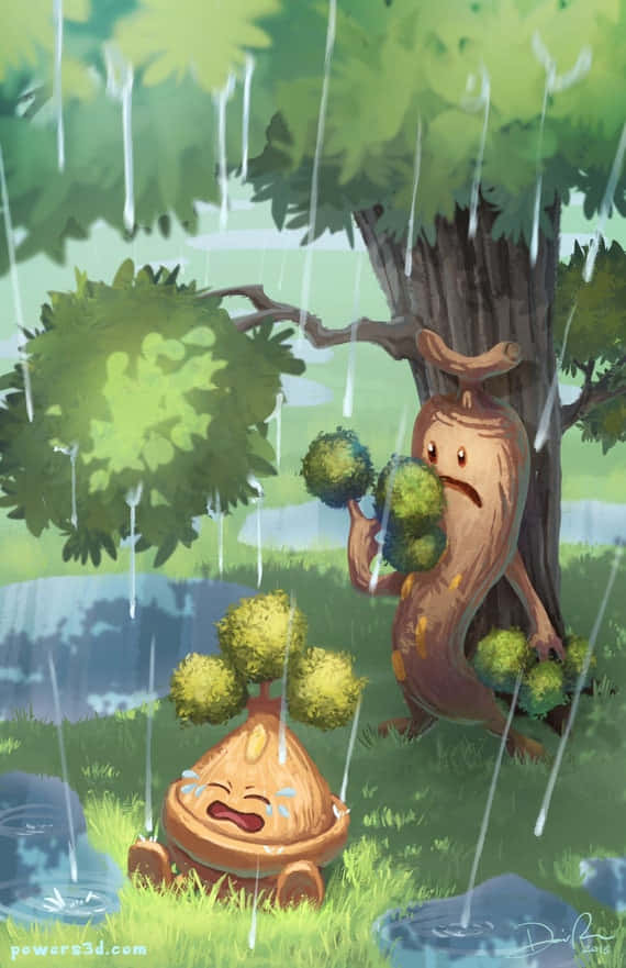 Shocked Sudowoodo While Looking At A Crying Baby Tree Background