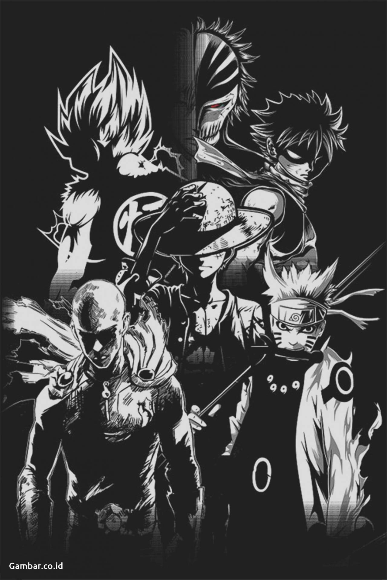 Shonen Heroes And Luffy Black And White Background