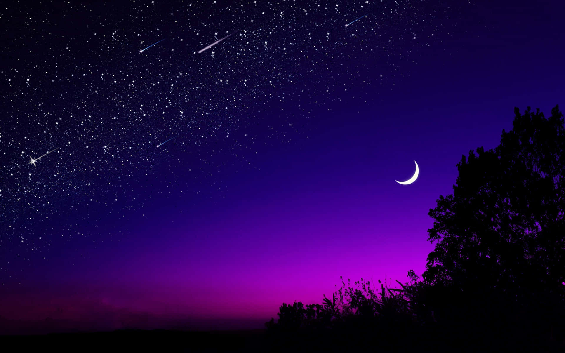 Shooting Stars Crescent Night Sky Moon Background