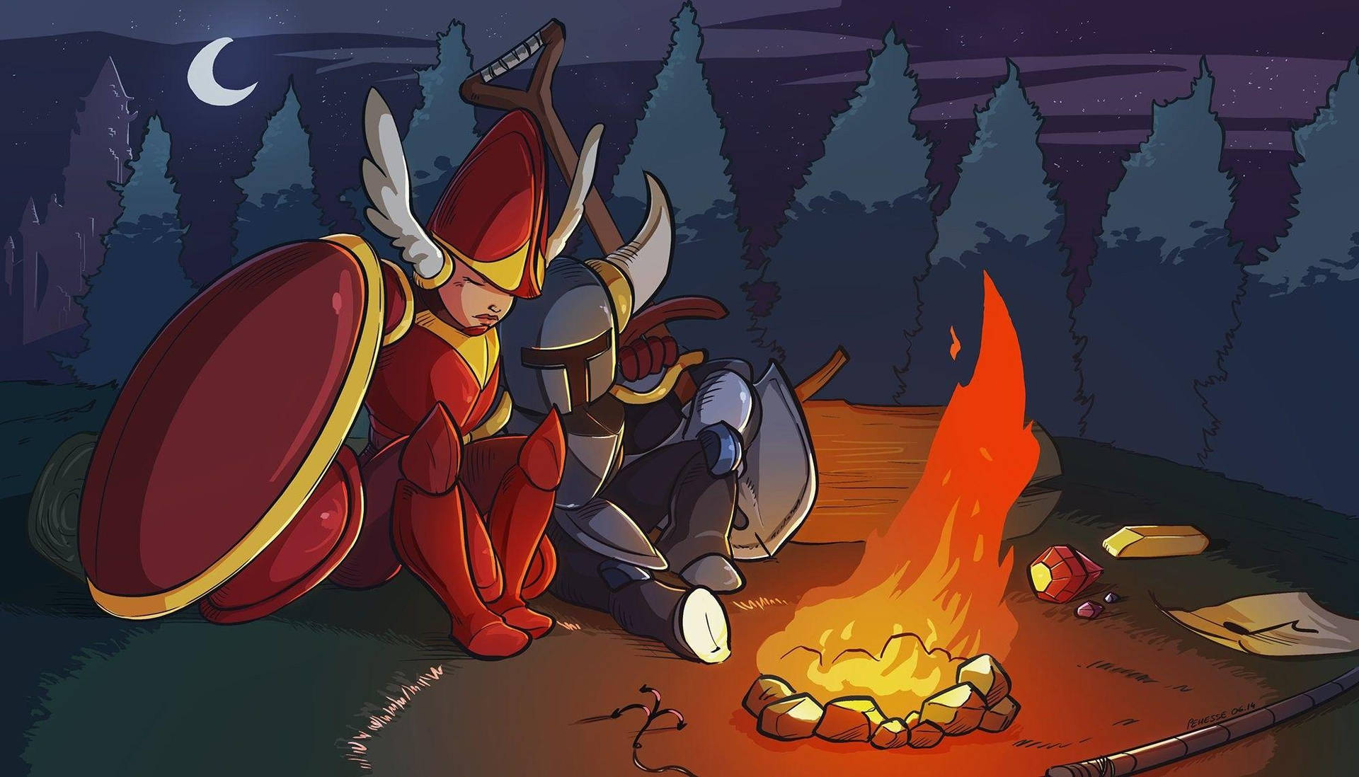 Shovel Knight And Shield Knight Campfire Background
