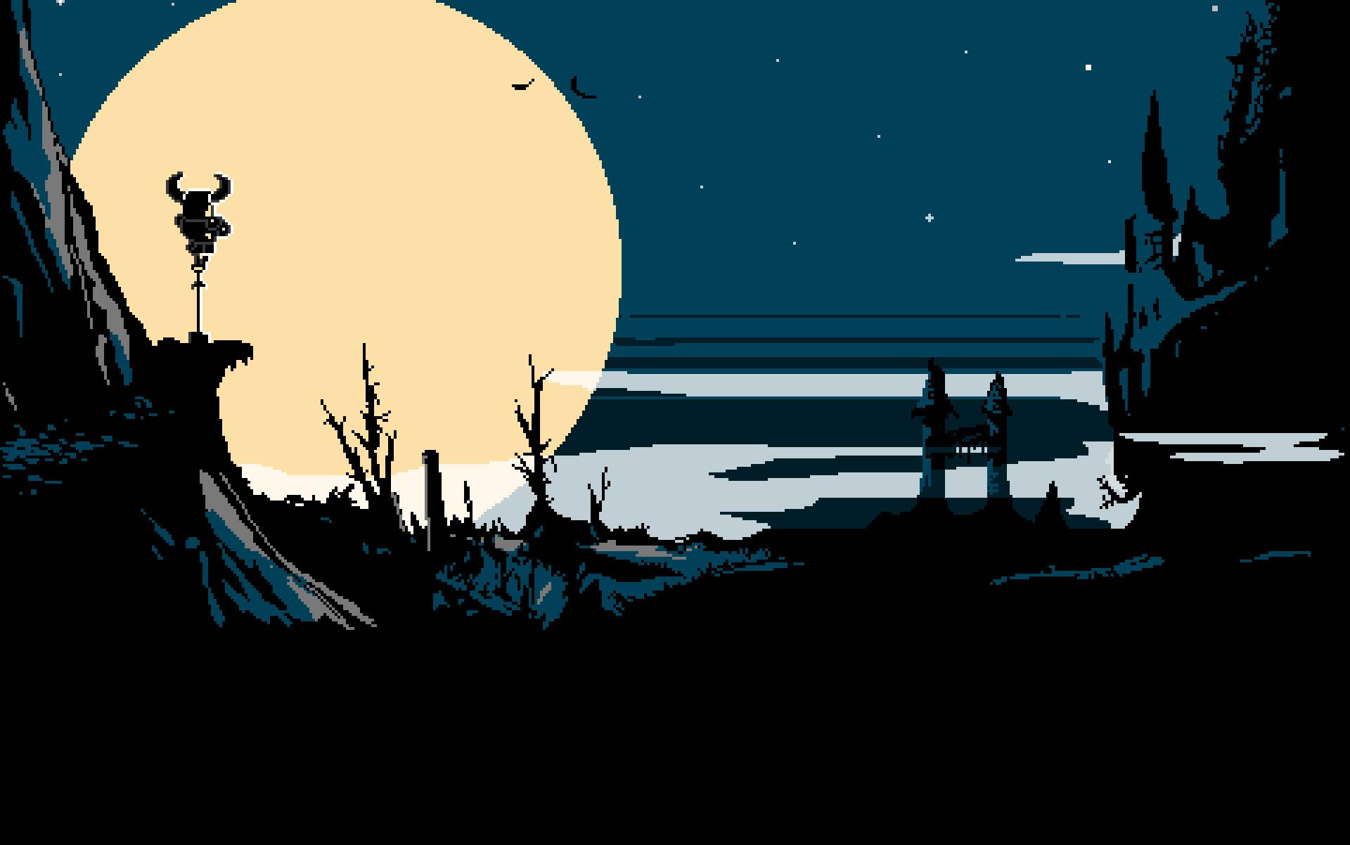 Shovel Knight Gazing At The Moon In A Serene Night Landscape Background