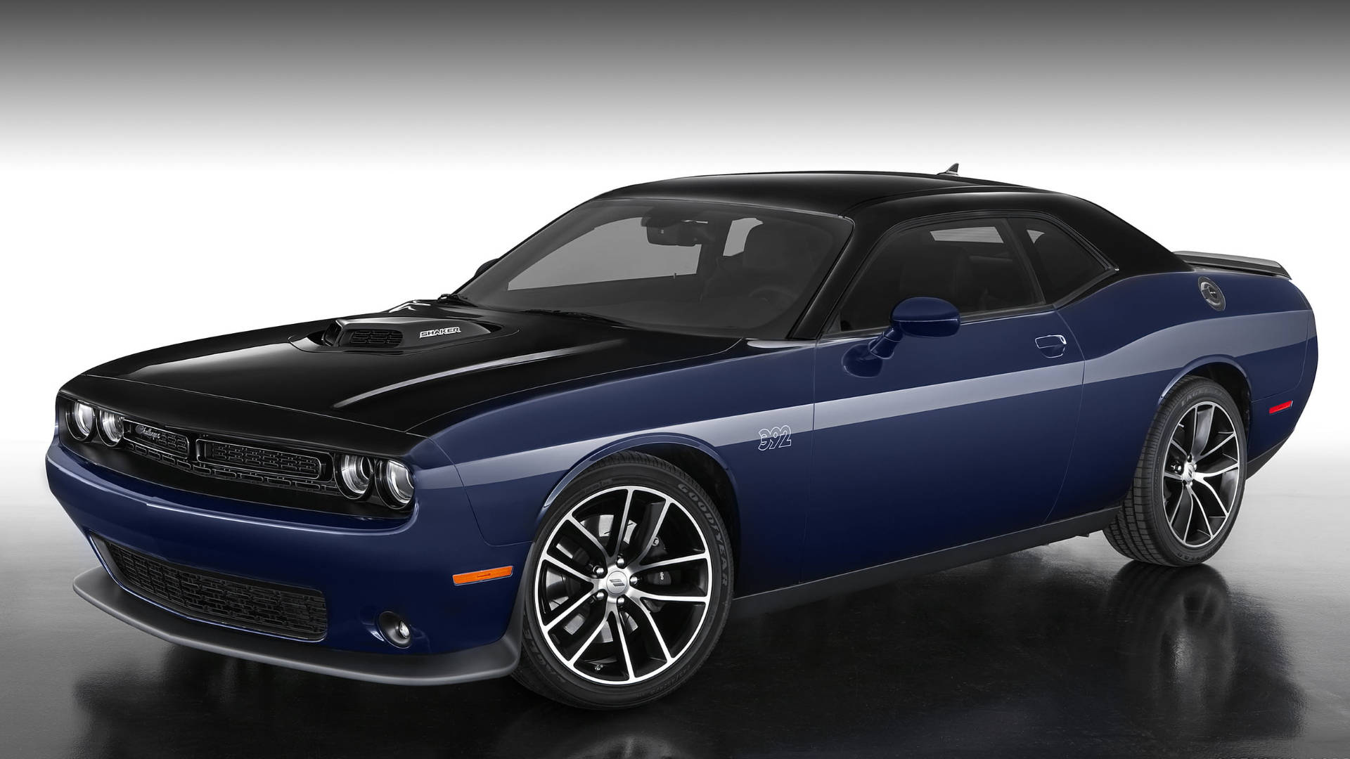 Showroom Image Of A Blue Dodge Challenger Background