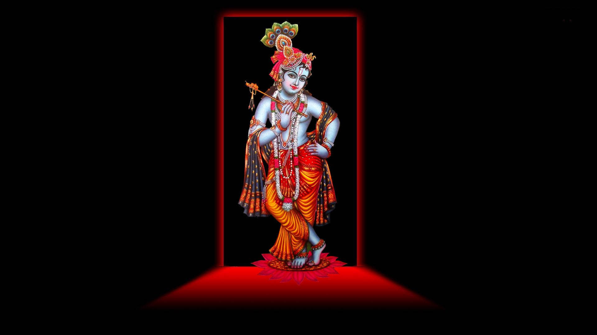 Shri Krishna Red-lit Door Background