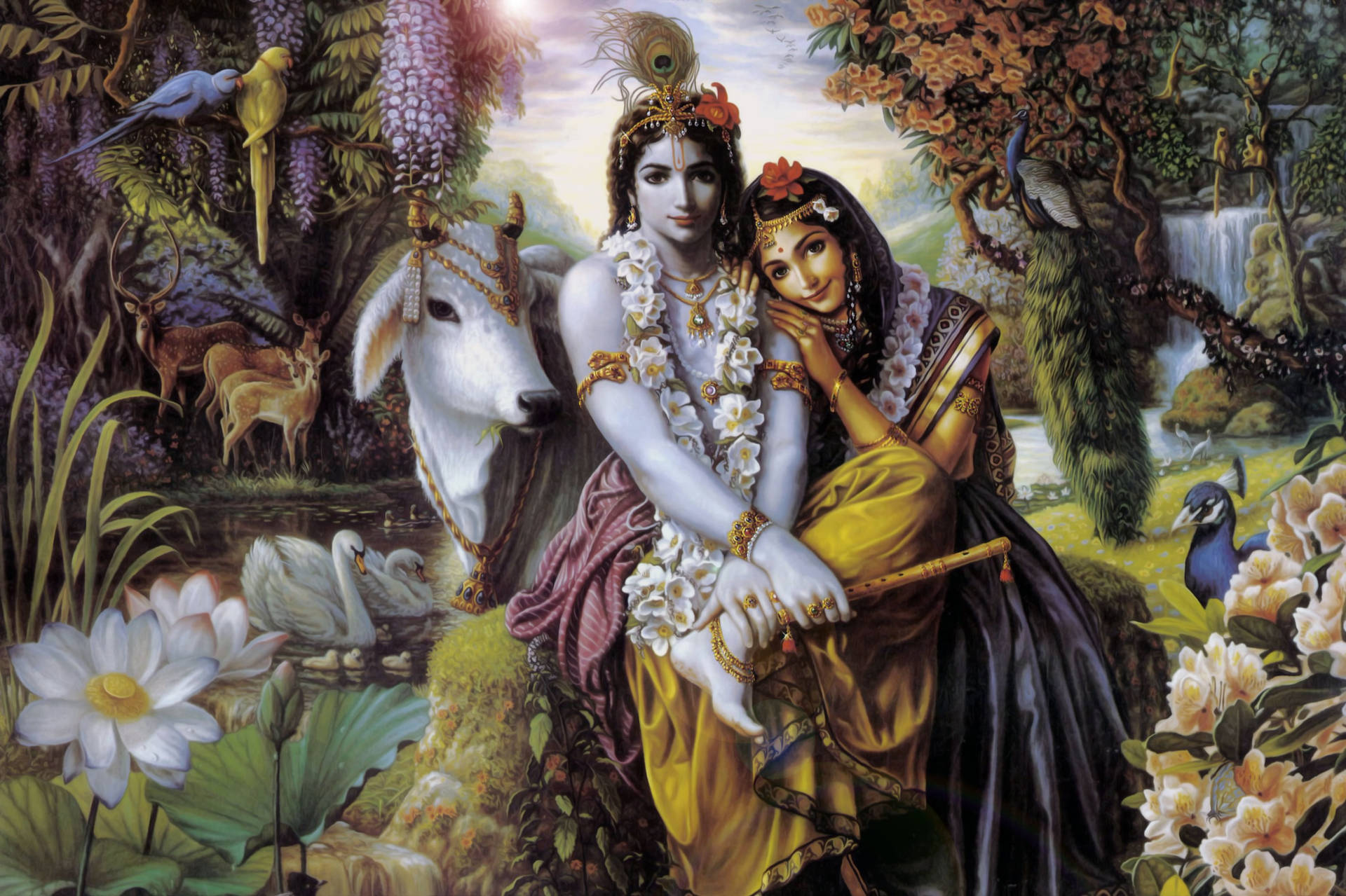 Shri Krishna With Radha Surrounded By Animals Background