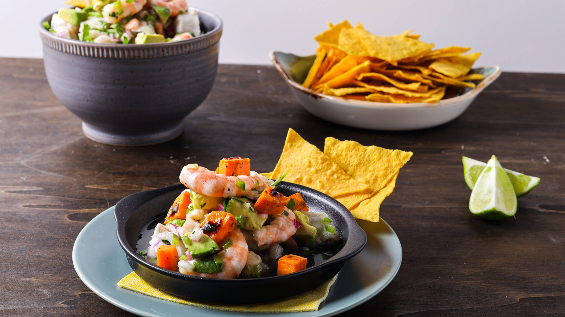 Shrimp And Fish Ceviche With Tortilla Chips Background