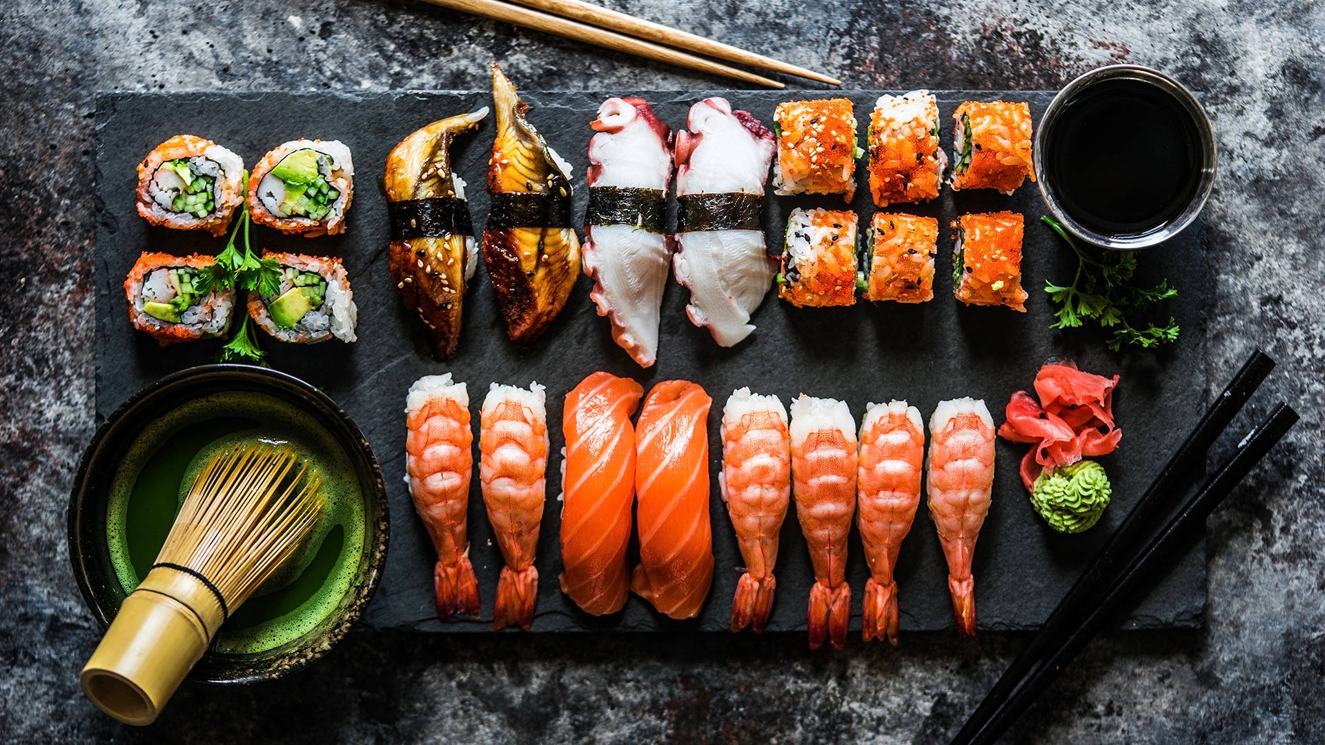 Shrimp And Salmon Sashimi With Sushi Background