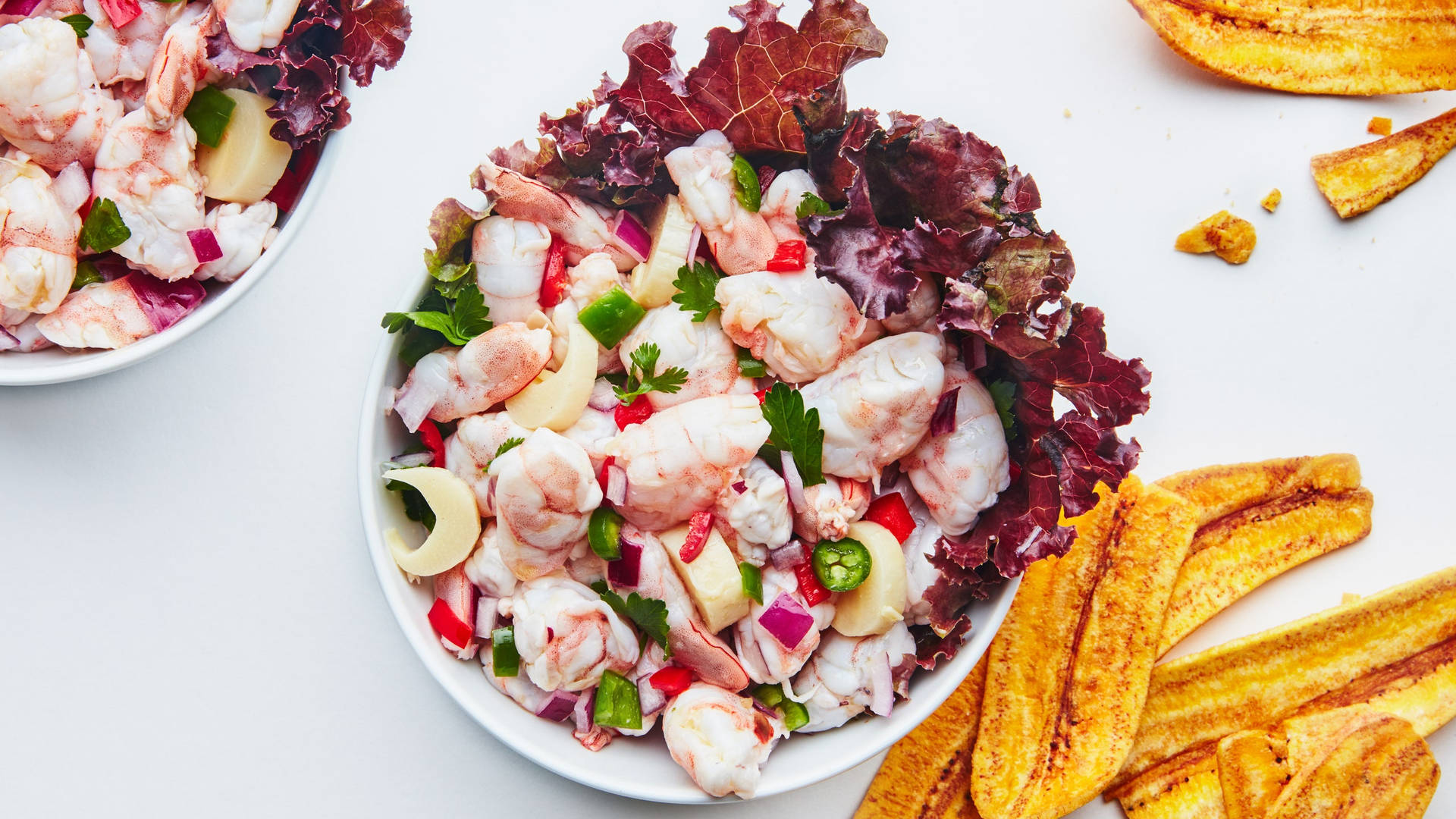 Shrimp Ceviche Platters With Banana Chips Background