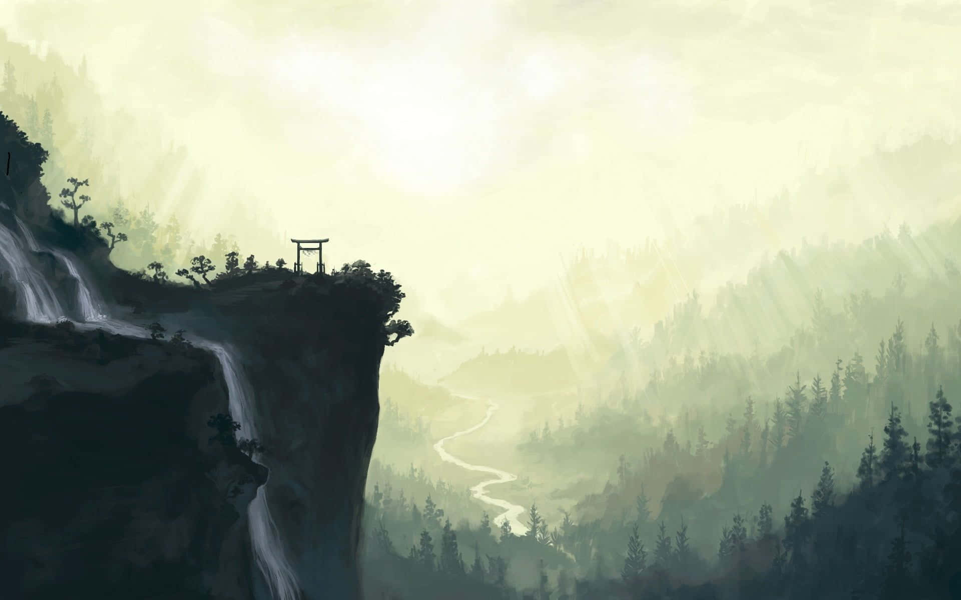 Shrine Cliff Zen Temple Waterfall Digital Paint Art