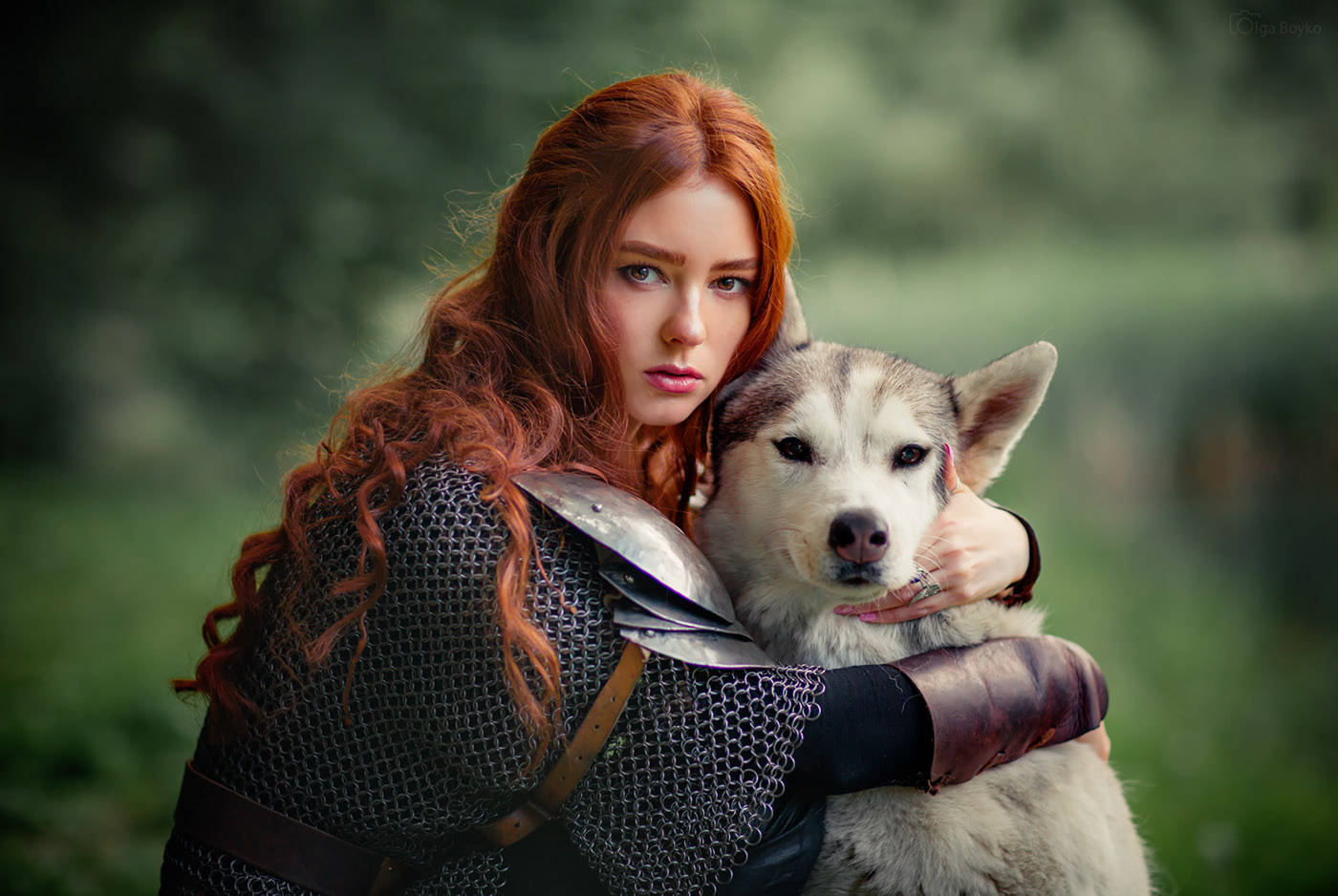 Siberian Husky Dog And Girl Wearing Armor Background