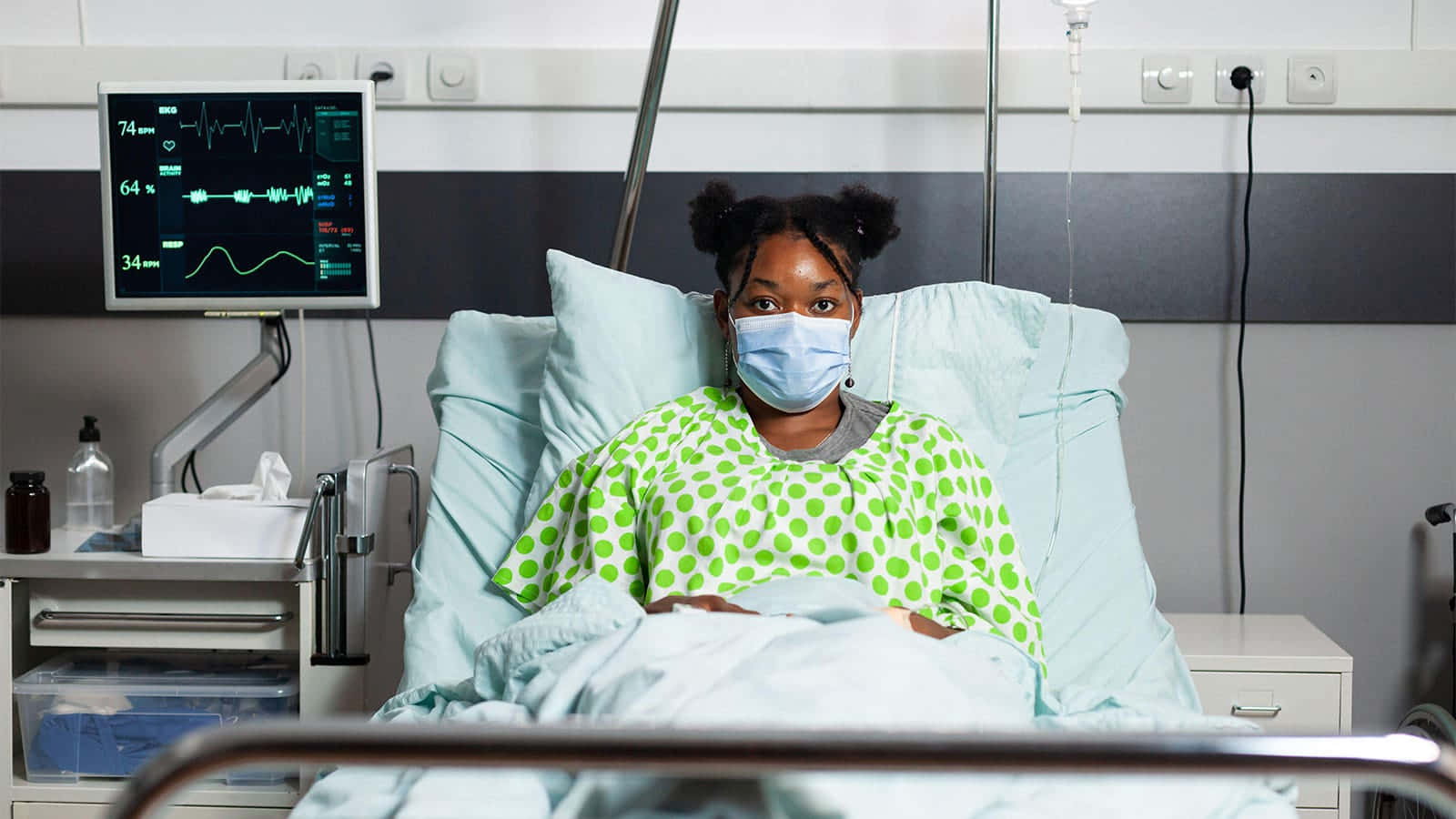 Sick Young Black Woman In Hospital Background