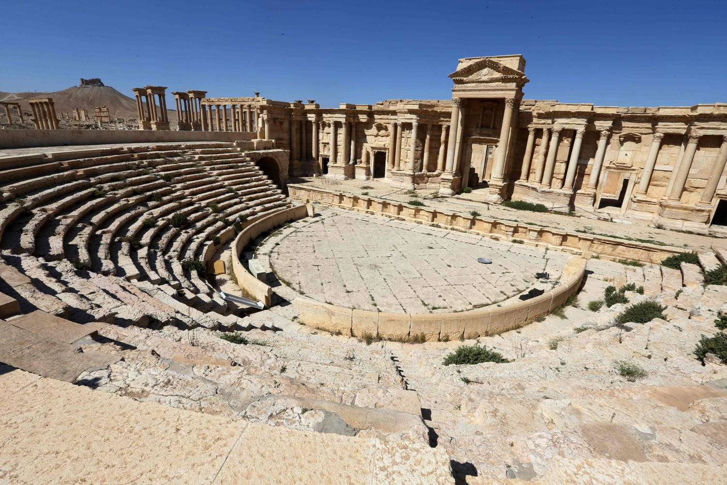 Side Angle Photo Of Teatro Romano De Palmyra Background