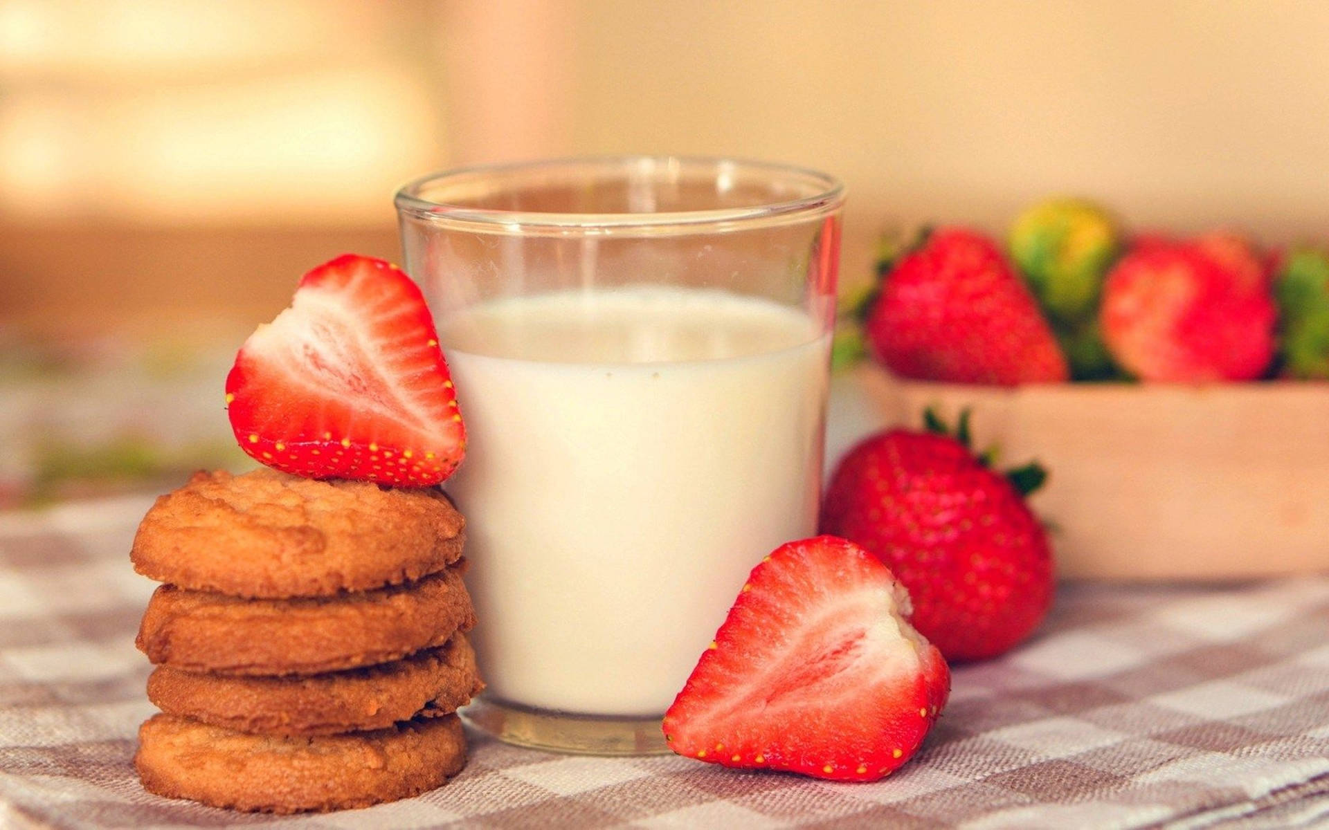 Sidetrack Your Cravings With A Nutritious Combo Of Milk, Cookies, And Strawberries Background