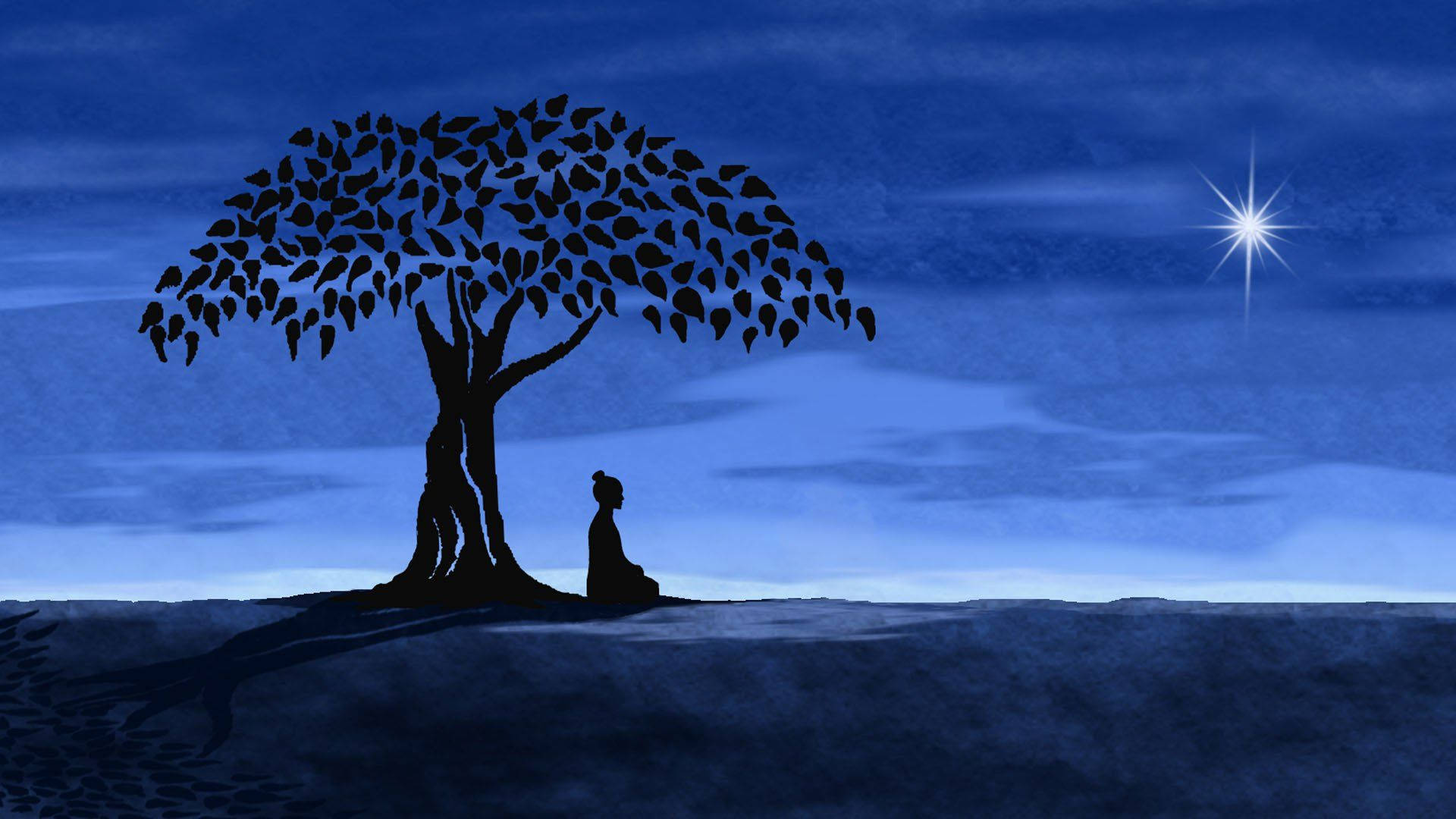 Silhouette Buddha Under Tree Background