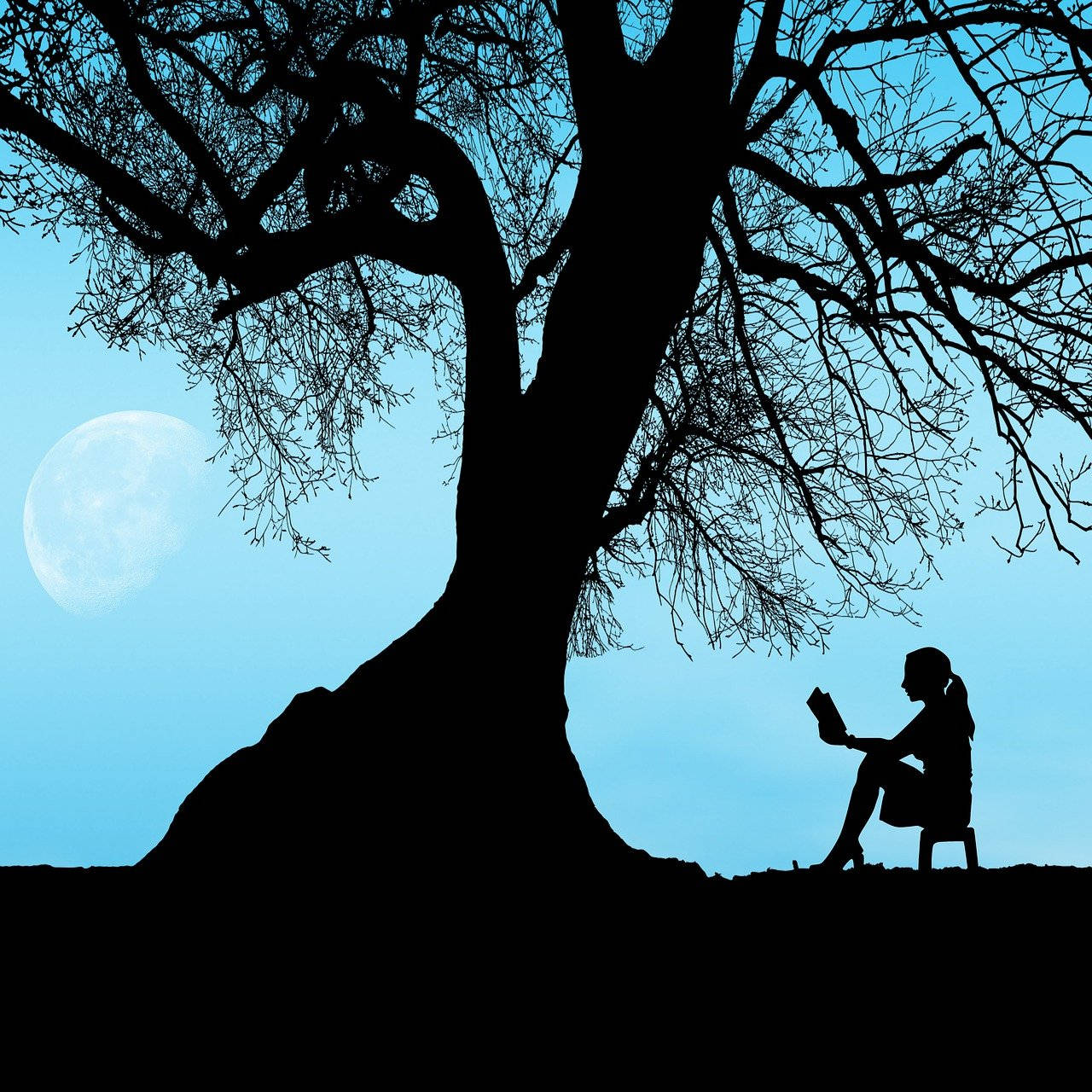 Silhouette Girl Reading Under Tree Background