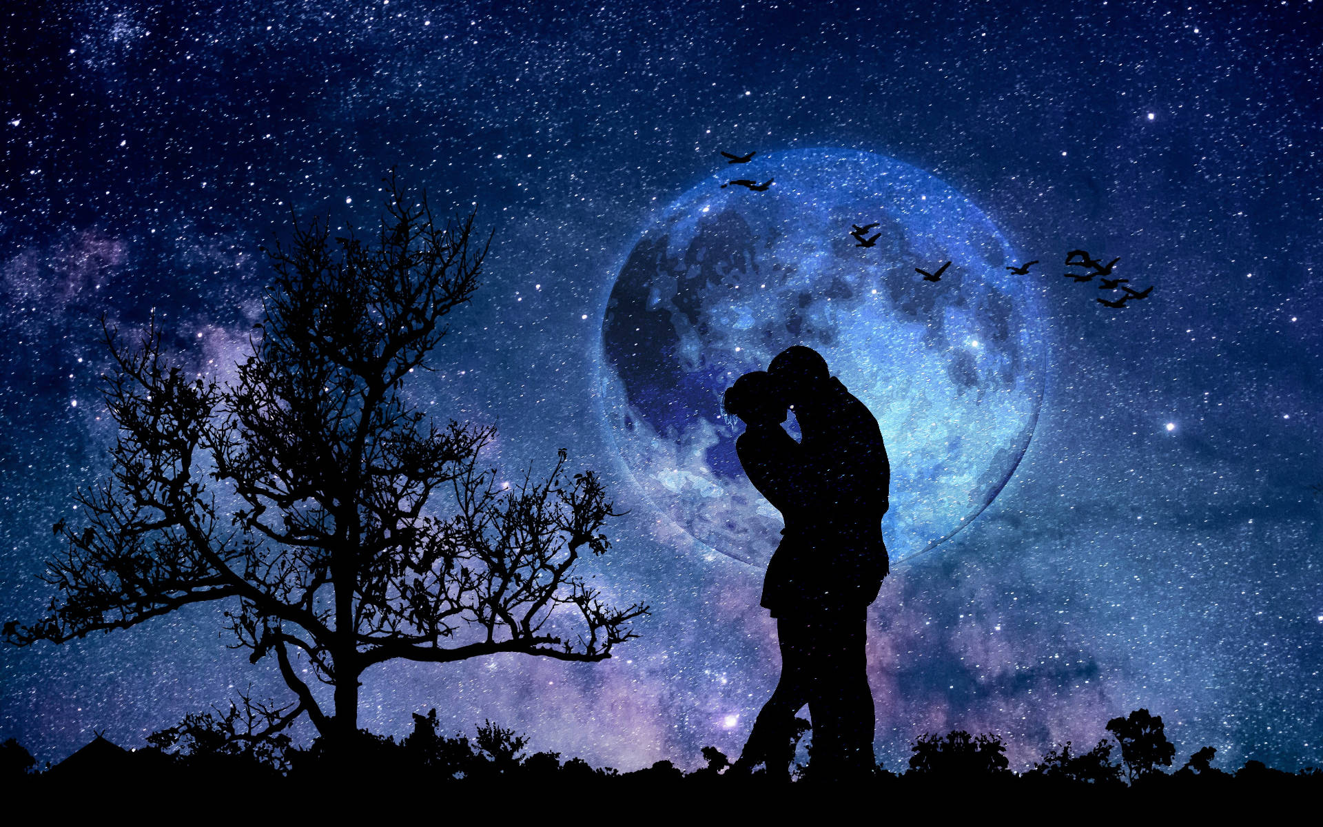 Silhouette Lovers In Galaxy Moon