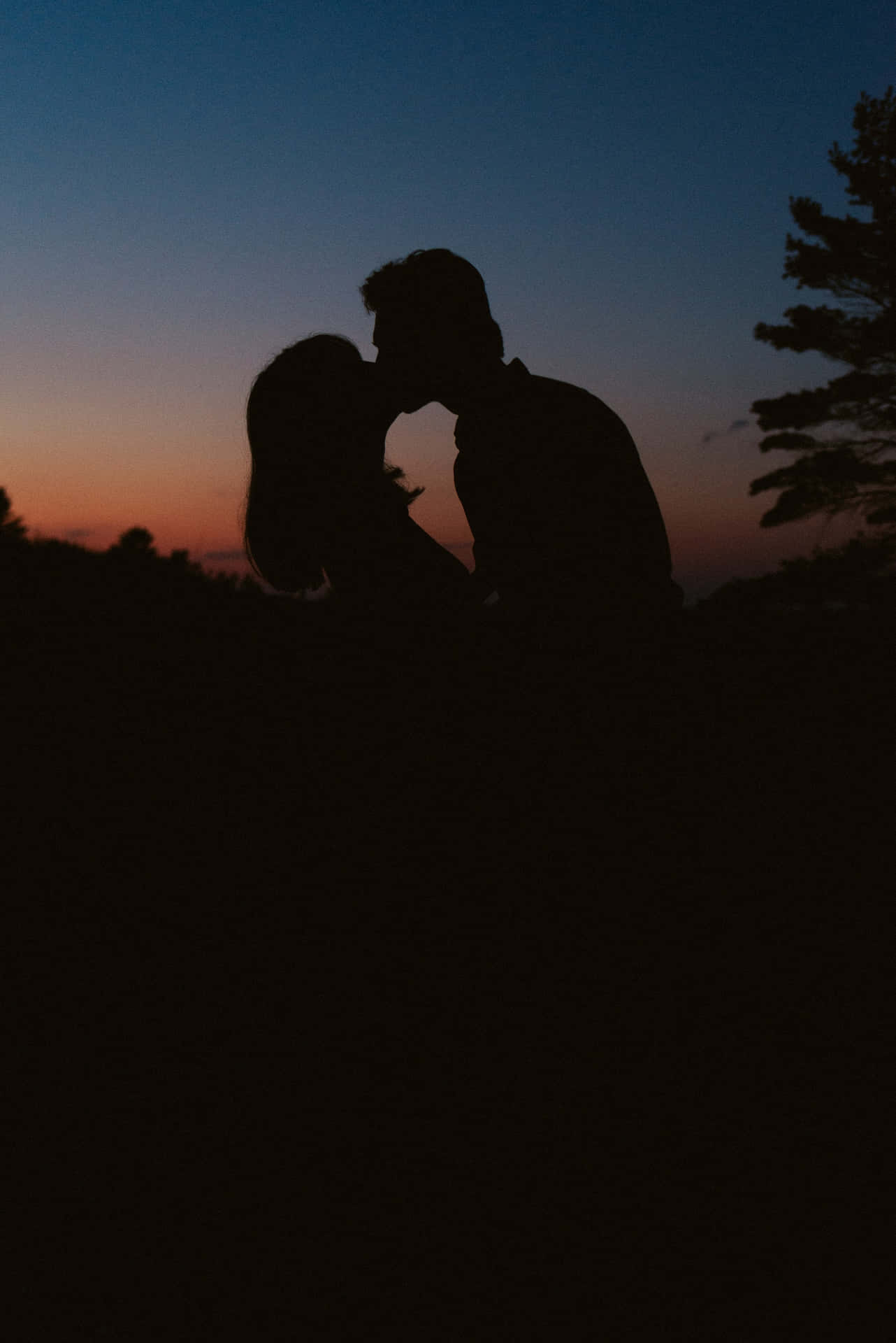 Silhouette Of Couple Kissing Each Lips Background