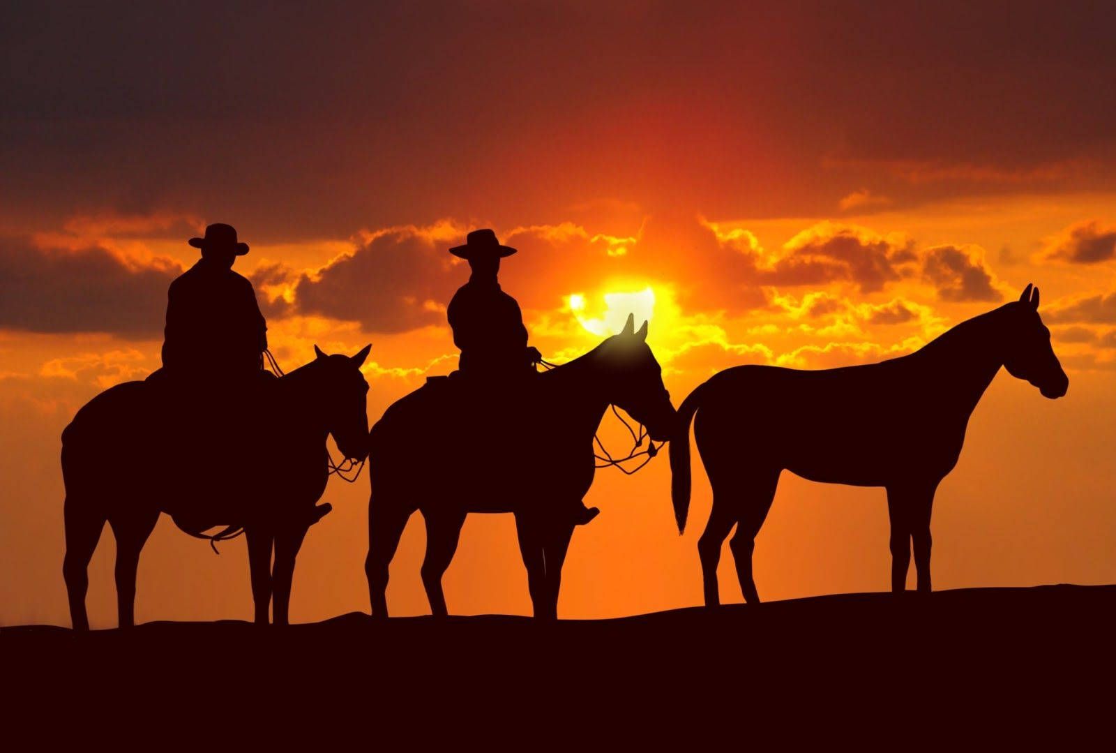 Silhouette Of Cowboys Riding Horses Background