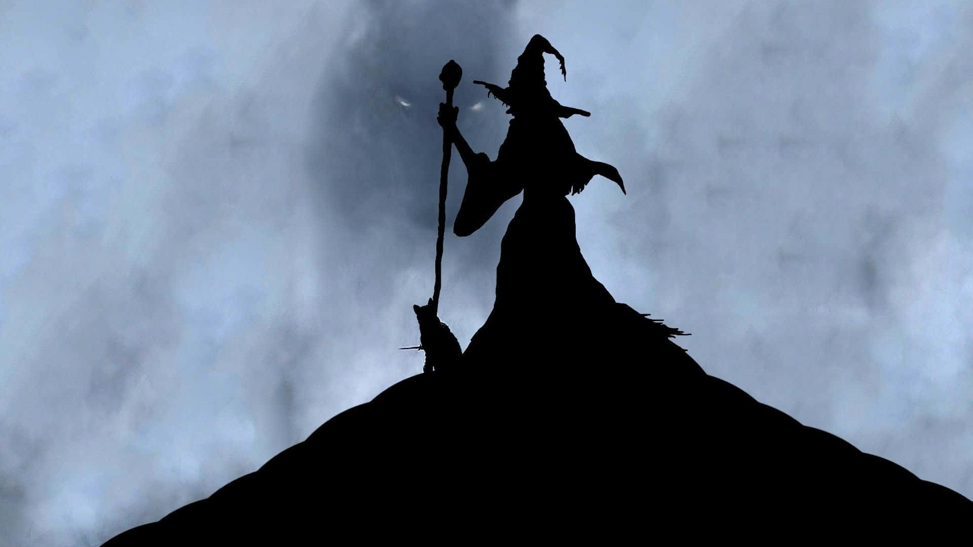 Silhouette Of Halloween Witch And Cat Background