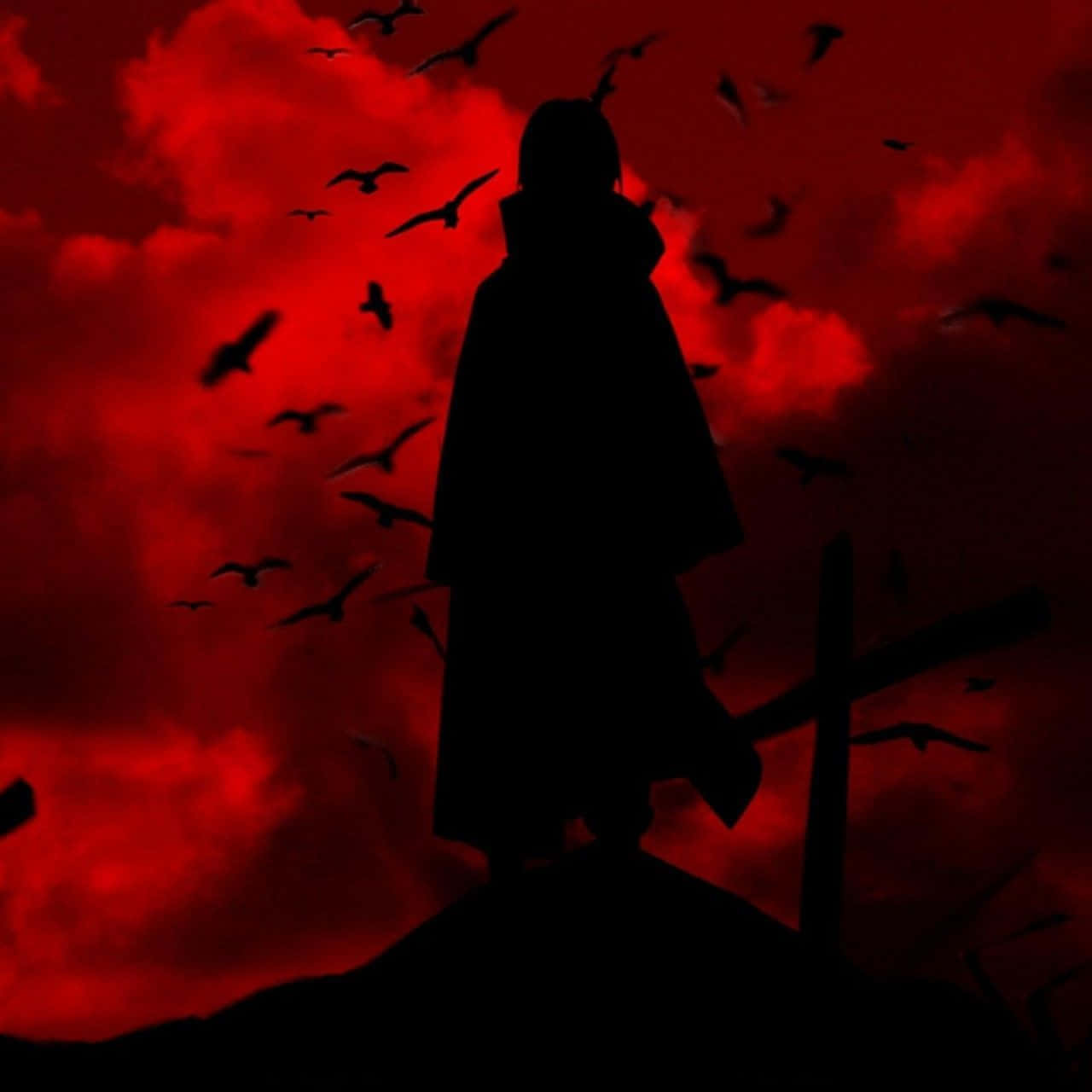 Silhouette Of Itachi Aesthetic With Many Crows Flying In Bright Red Skies Background