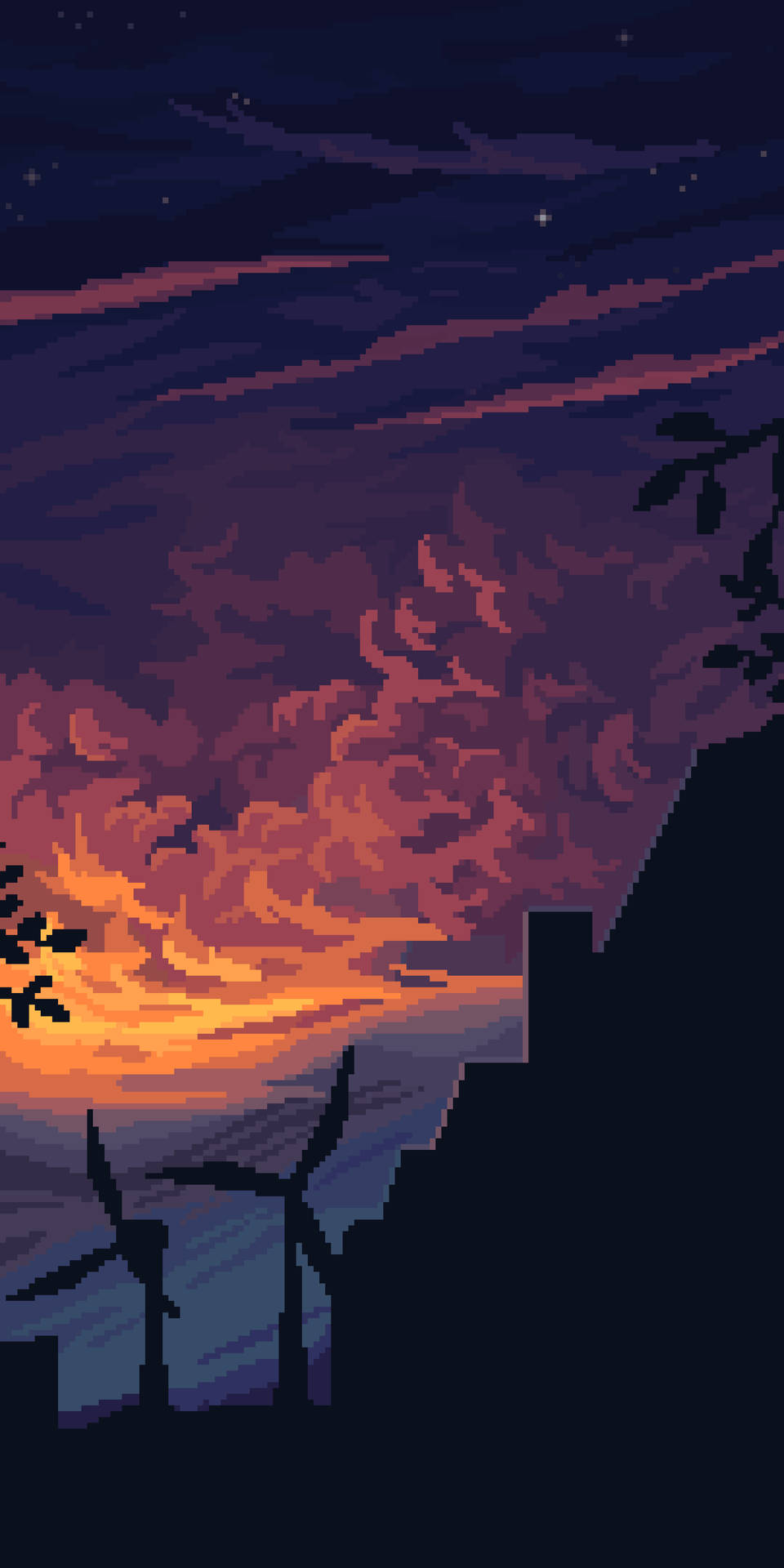 Silhouette Of Wind Mills In Aesthetic Pixel Art Background