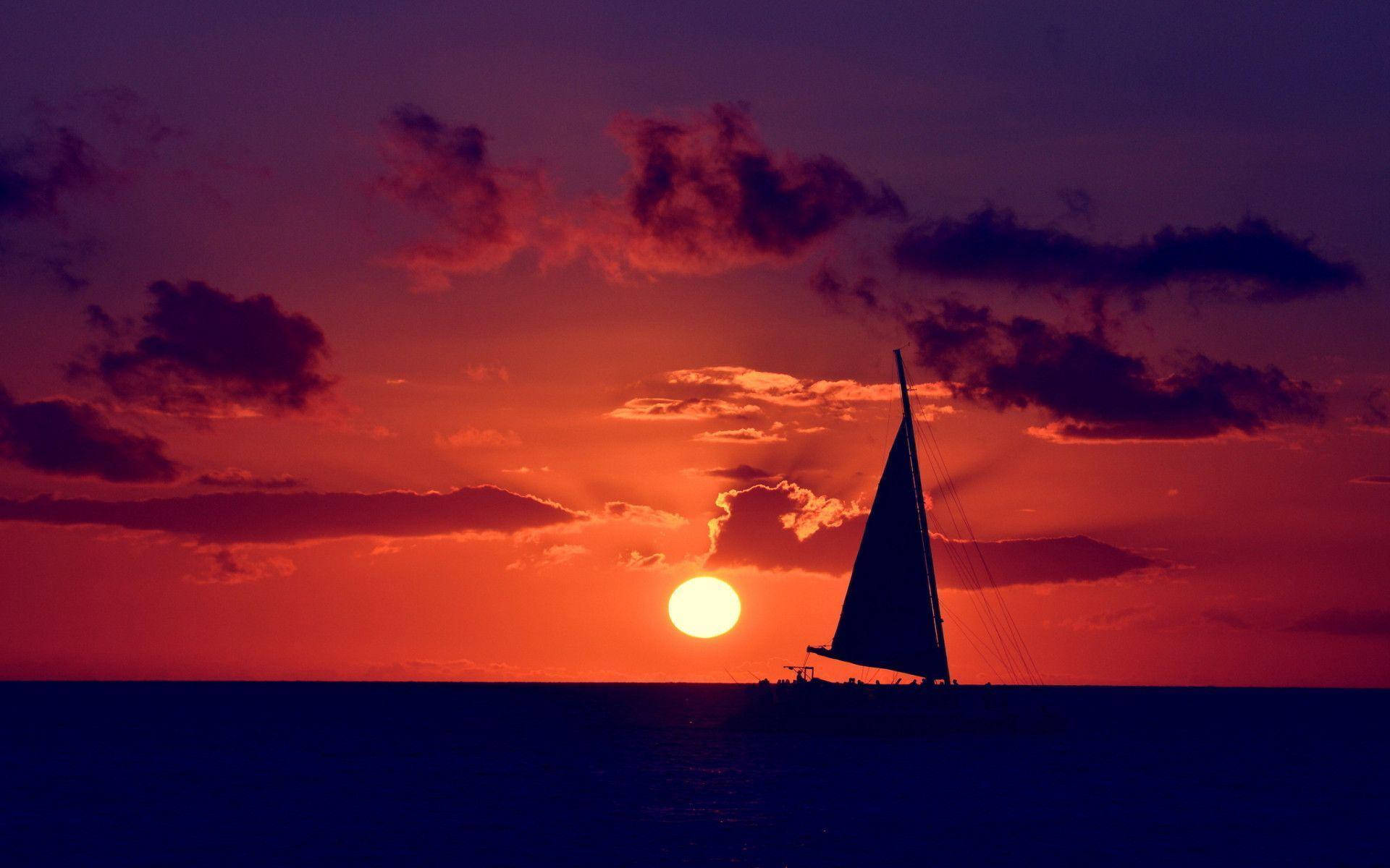 Silhouette Sailing Boat Ocean Sunset Background