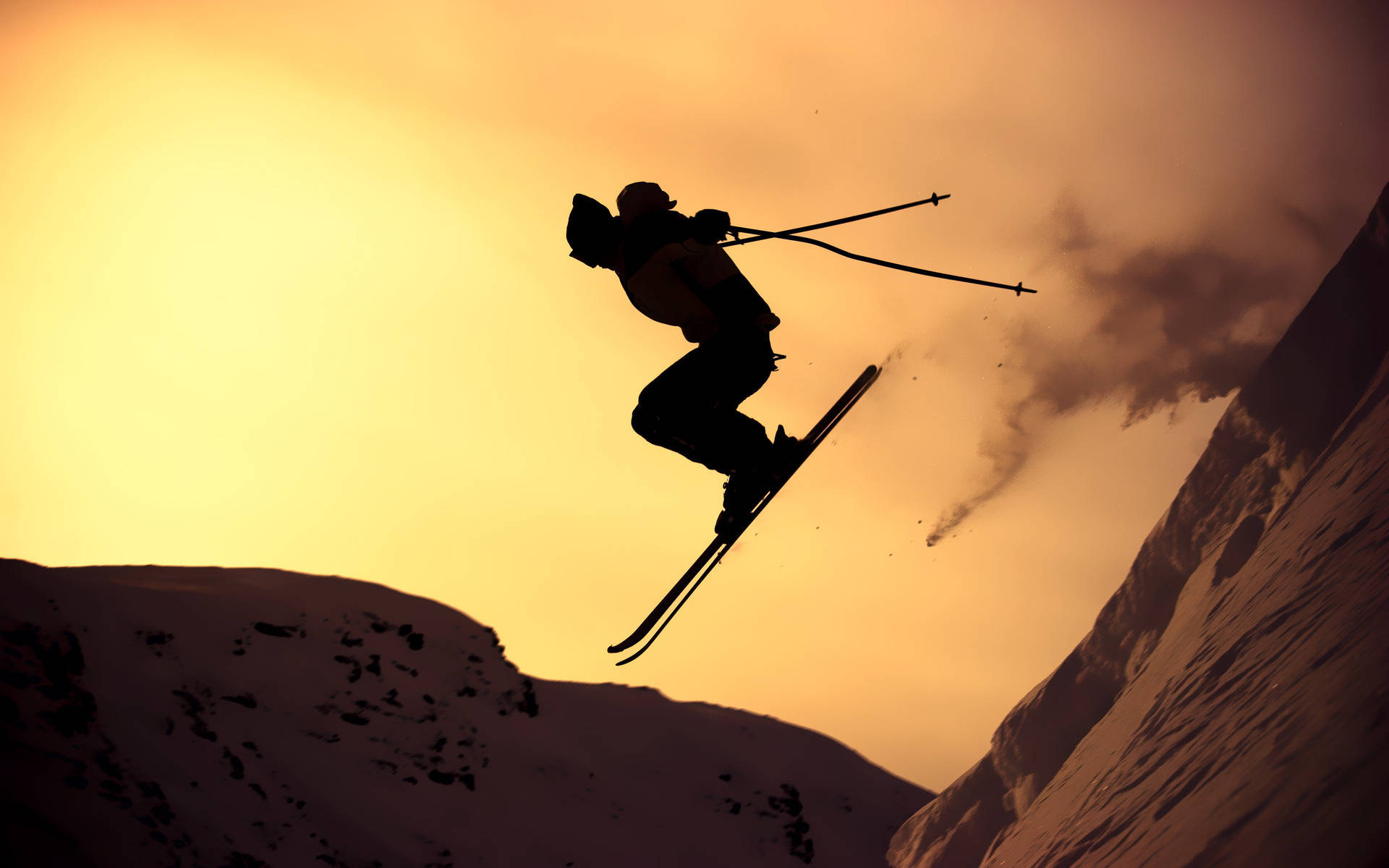 Silhouette Skiing Sunset Background
