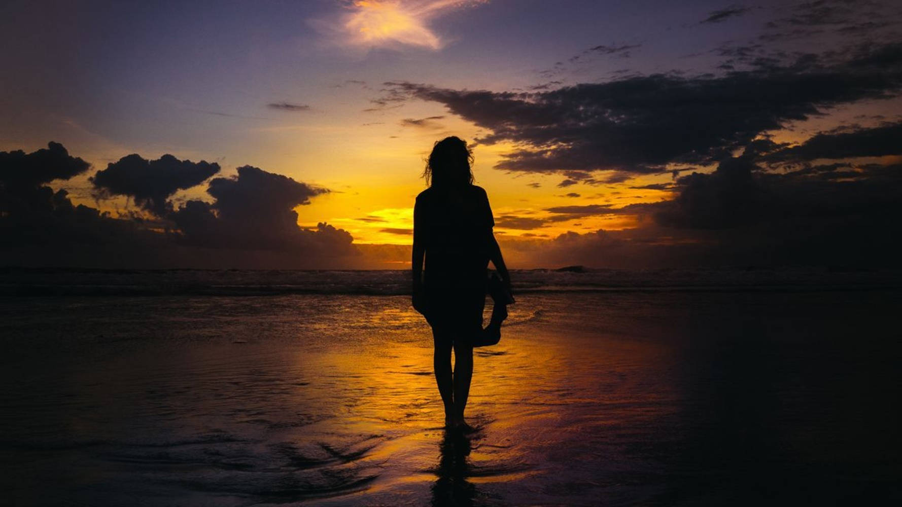 Silhouette Woman Beach Golden Sunset Background