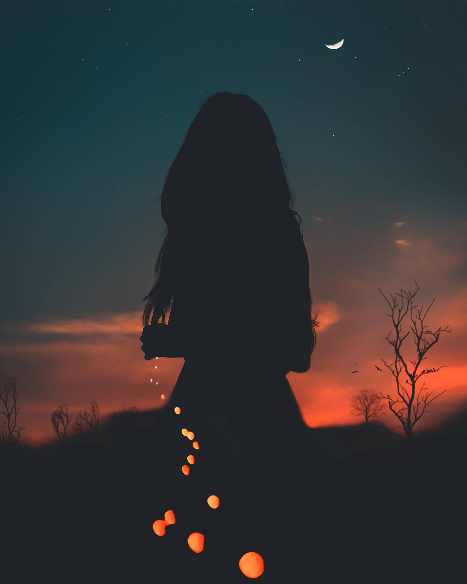 Silhouette Woman With Lights Background