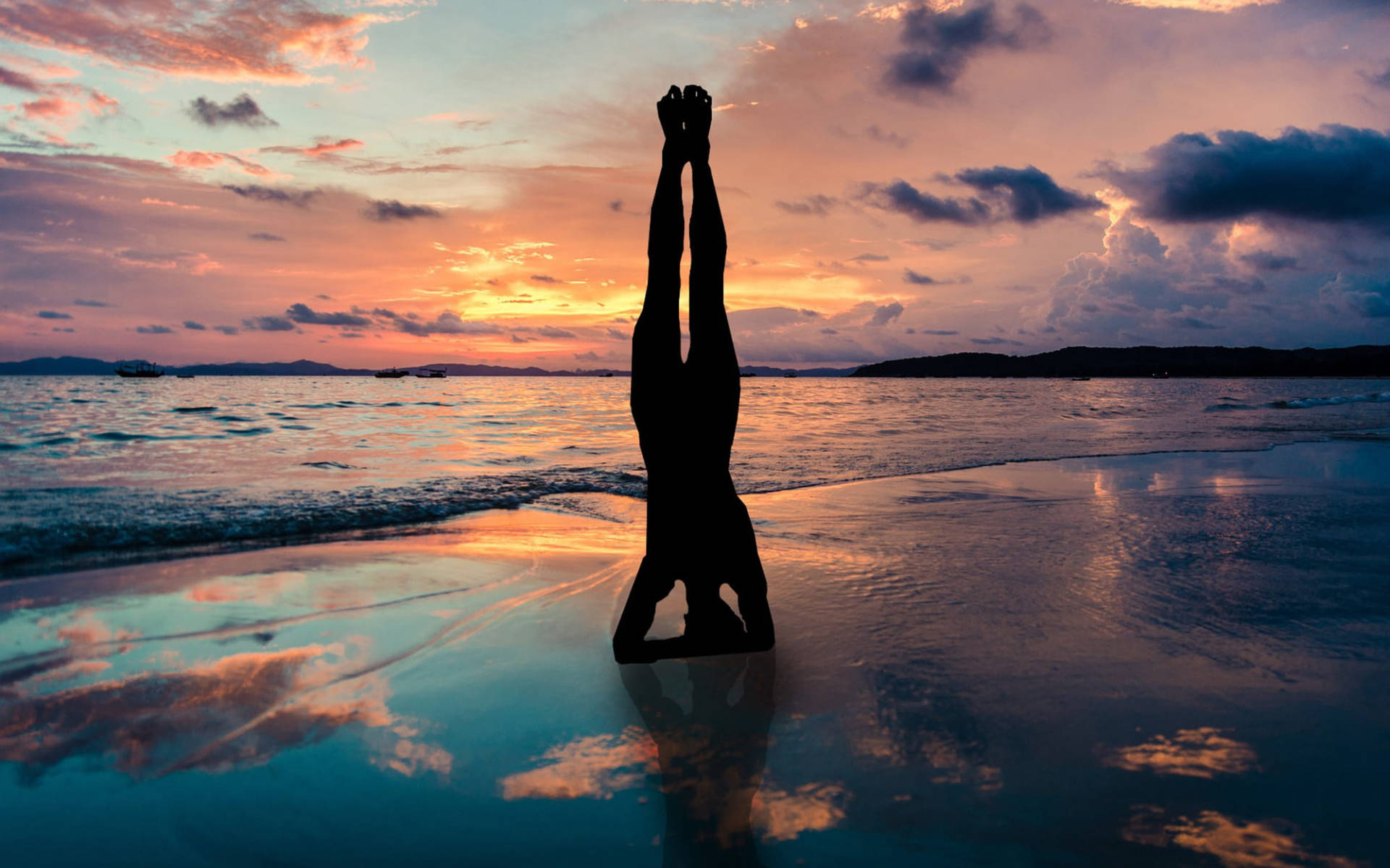 Silhouette Yoga Pose In Beach Background