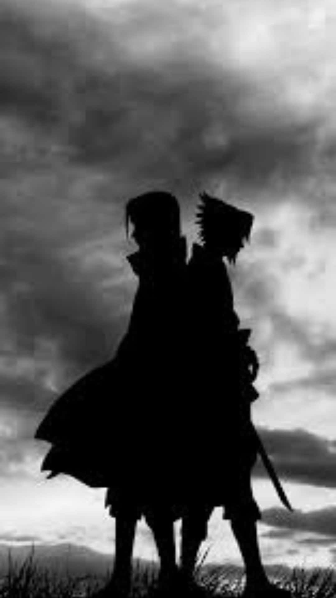 Silhouetted_ Anime_ Characters_ Under_ Cloudy_ Sky Background