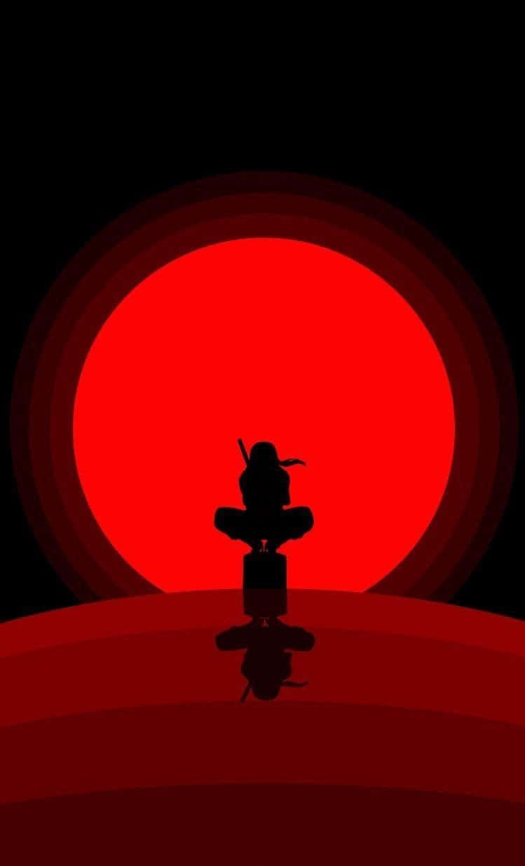 Silhouetted Figure Against Red Moon Background
