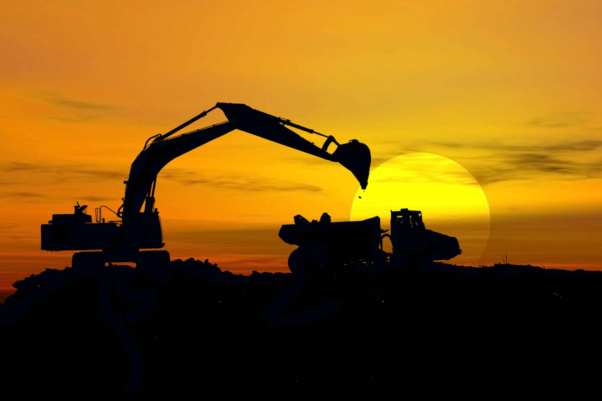 Silhouetted Heavy Construction Machinery Background