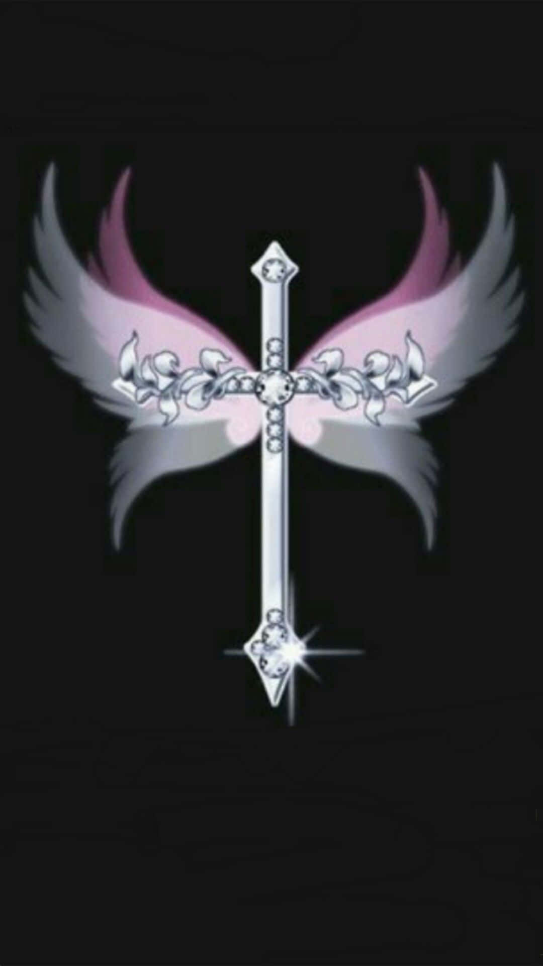 Silver Beautiful Cross With Pink Wings