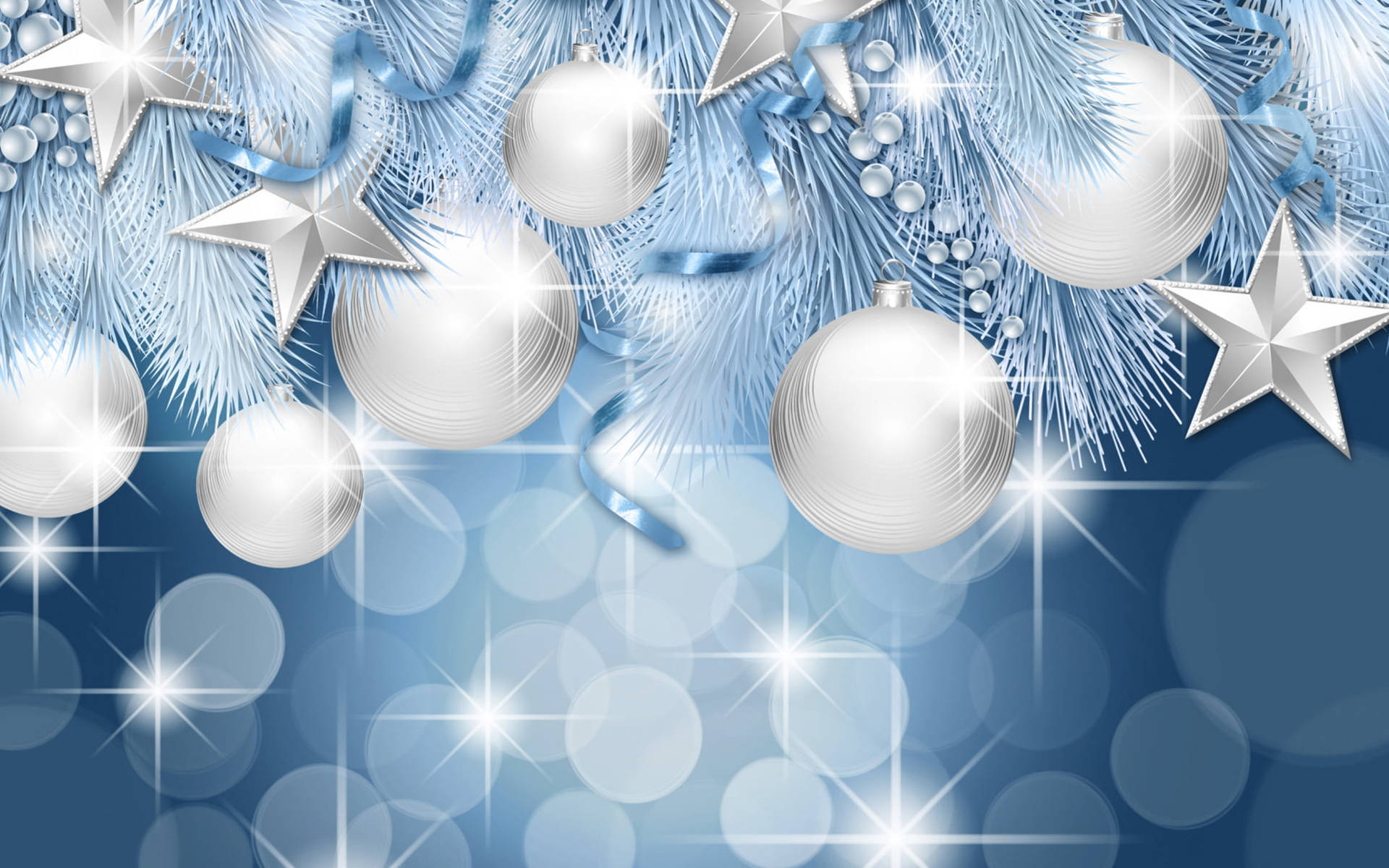 Silver Christmas Balls With Glare Stars Background