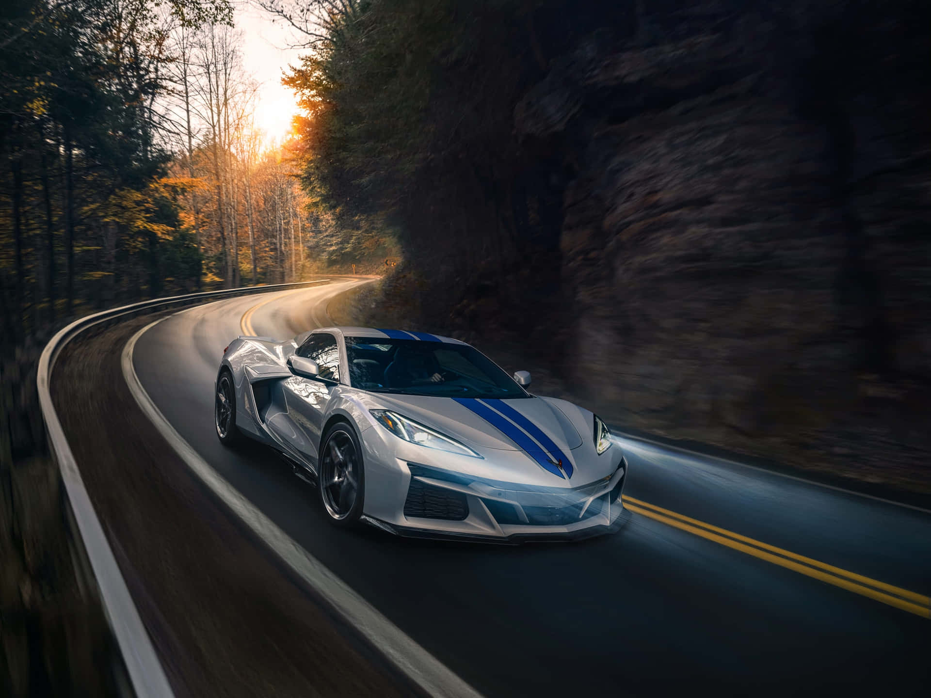 Silver Corvette C8 Autumn Drive Background