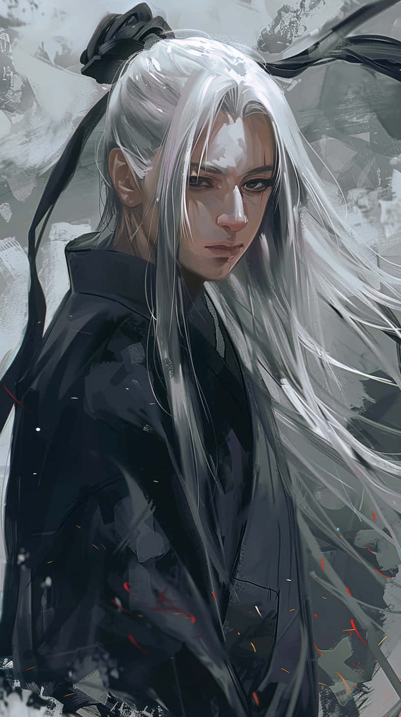 Silver Haired Anime Character In Black Cloak Background