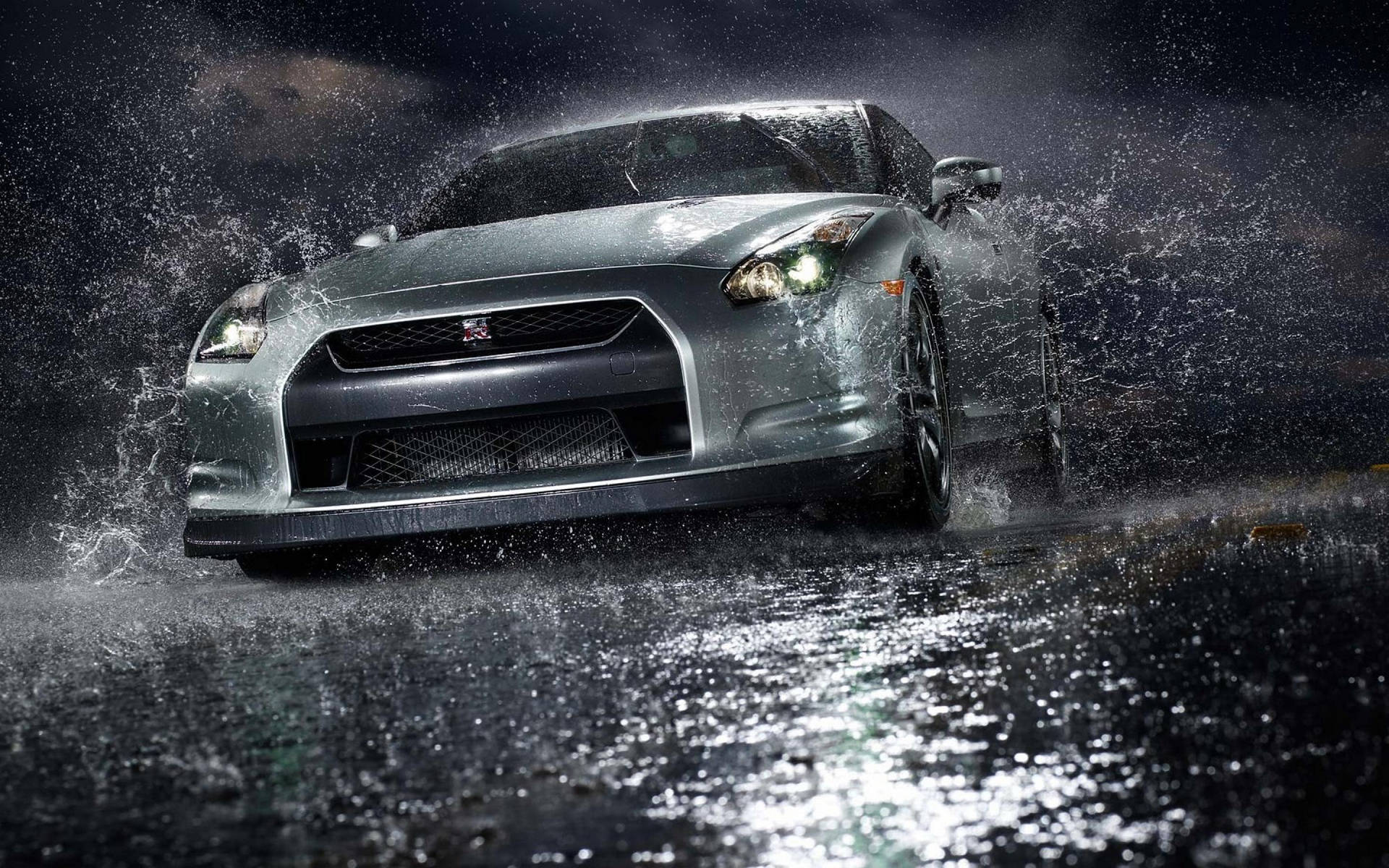 Silver Nissan Gtr Car Soaked In The Rain