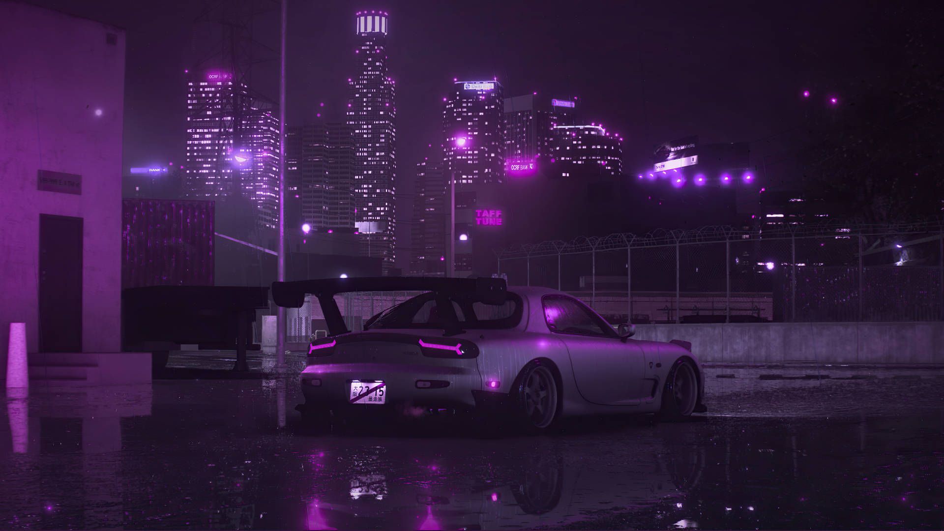 Silver Rx7 And Purple City Background
