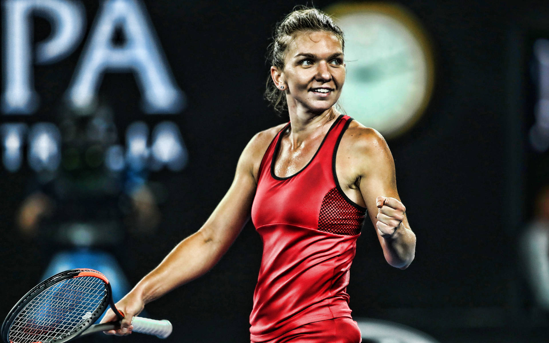 Simona Halep In Red Sportswear Background