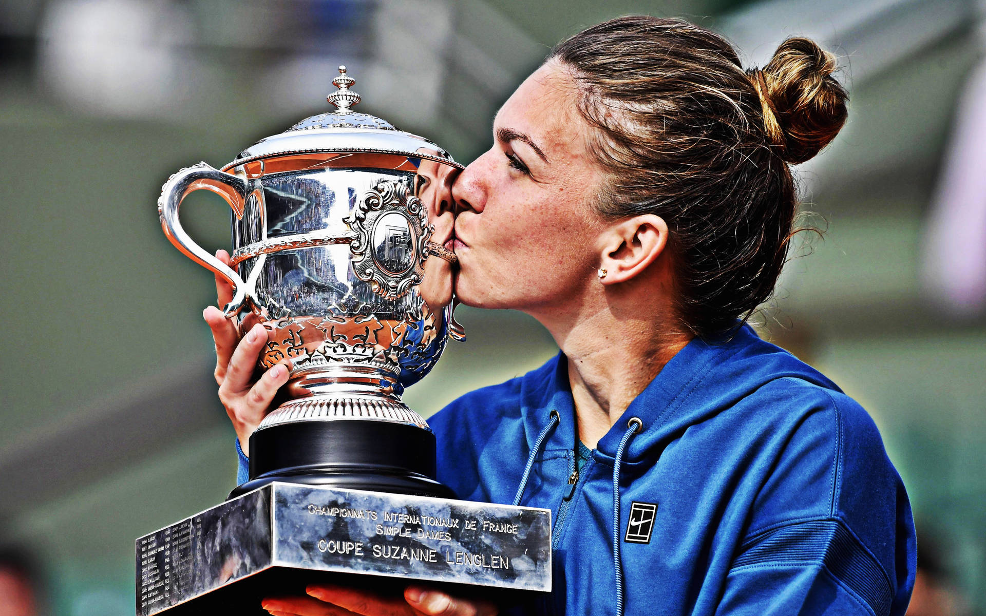 Simona Halep Kissing Trophy Background