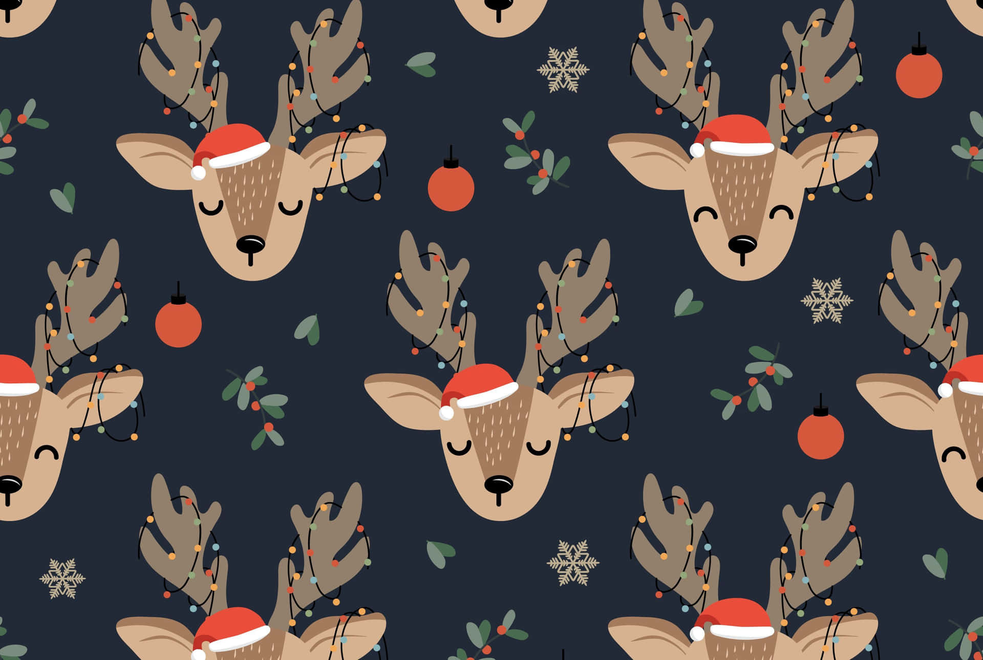 Simple Aesthetic Cute Christmas Reindeers With Santa Hats Background