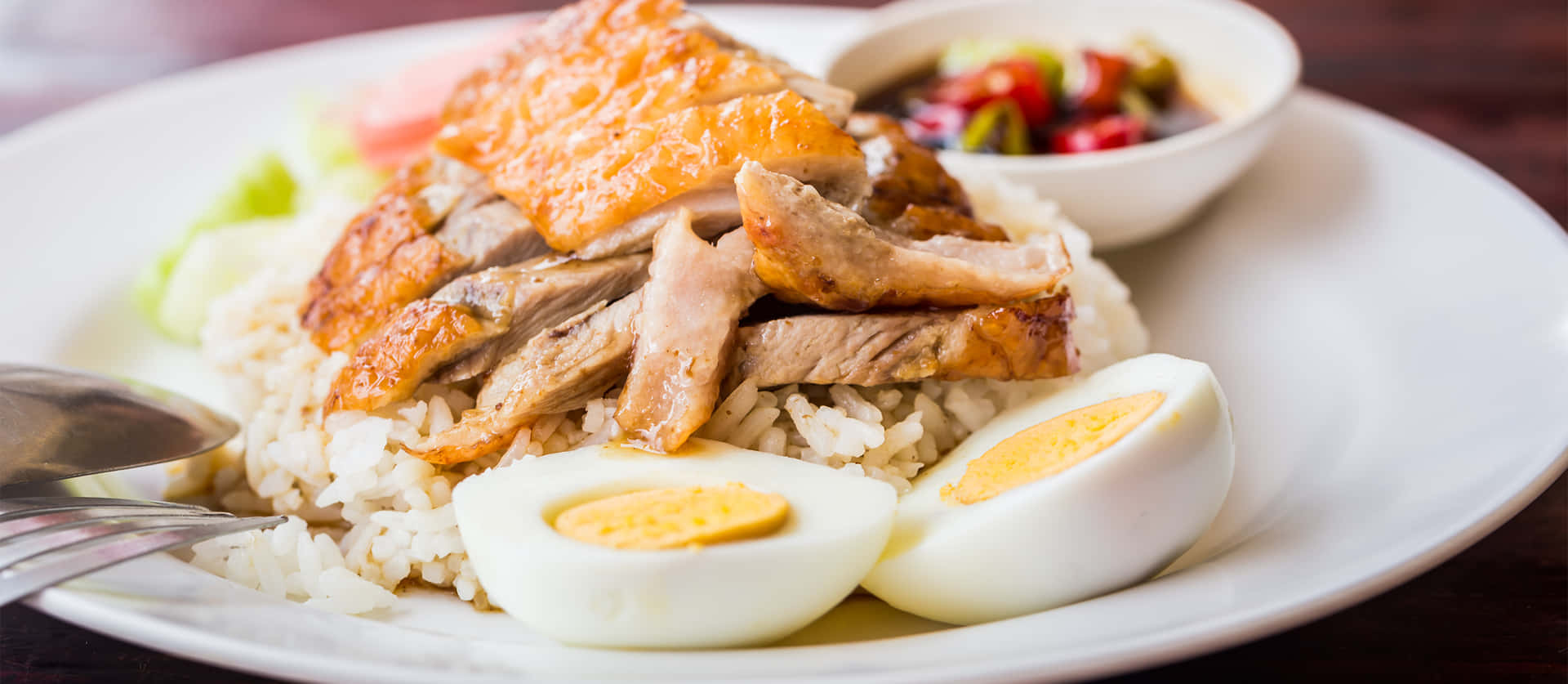 Singaporean Duck Rice With Egg - Dutch Angle Shot Background