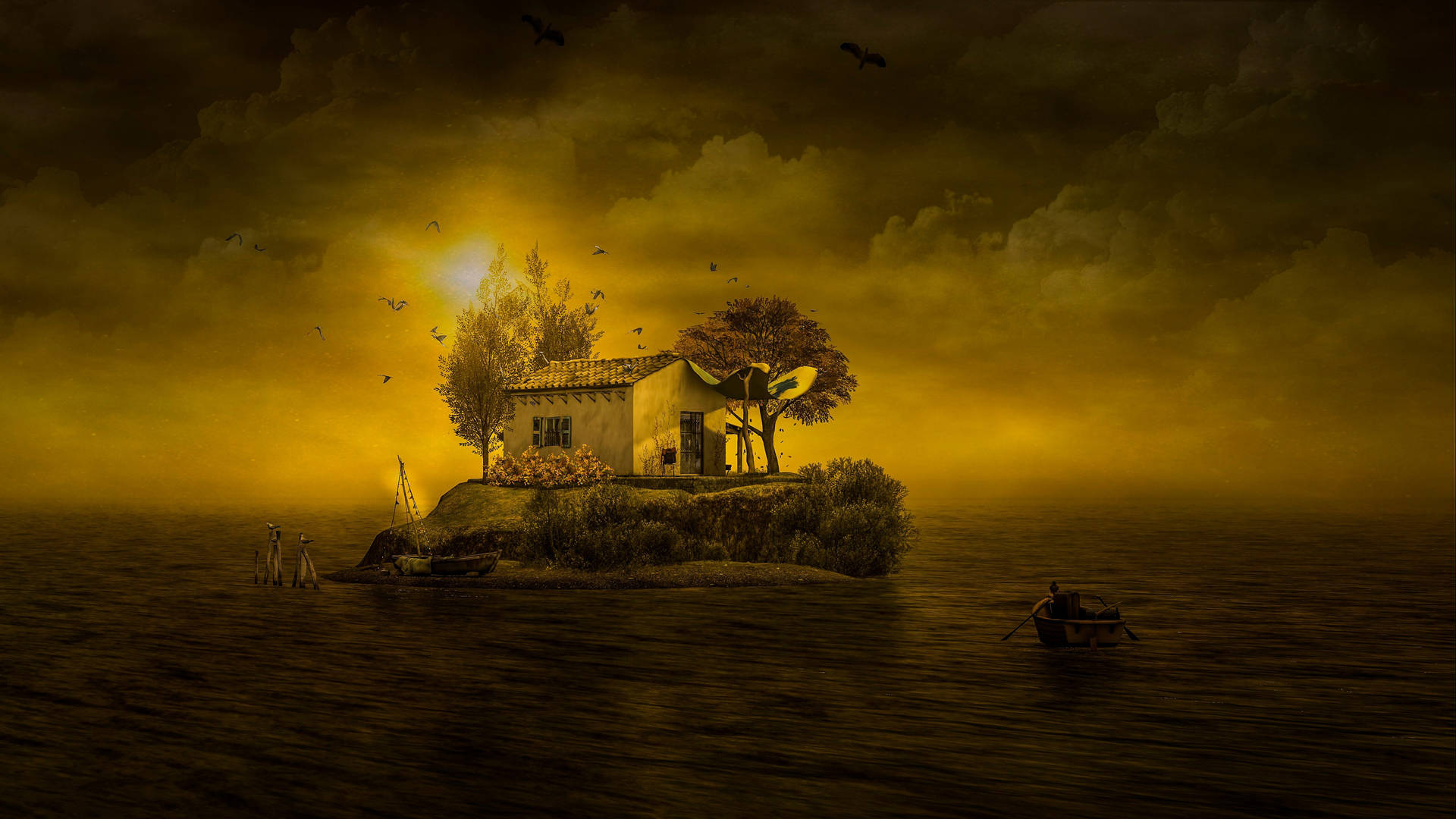 Single House In A Fantasy Island Background