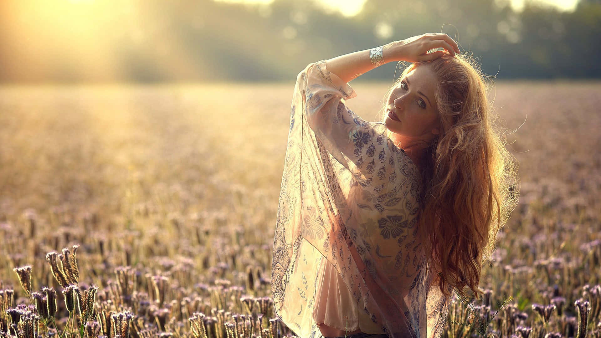 Single Woman On A Flower Field