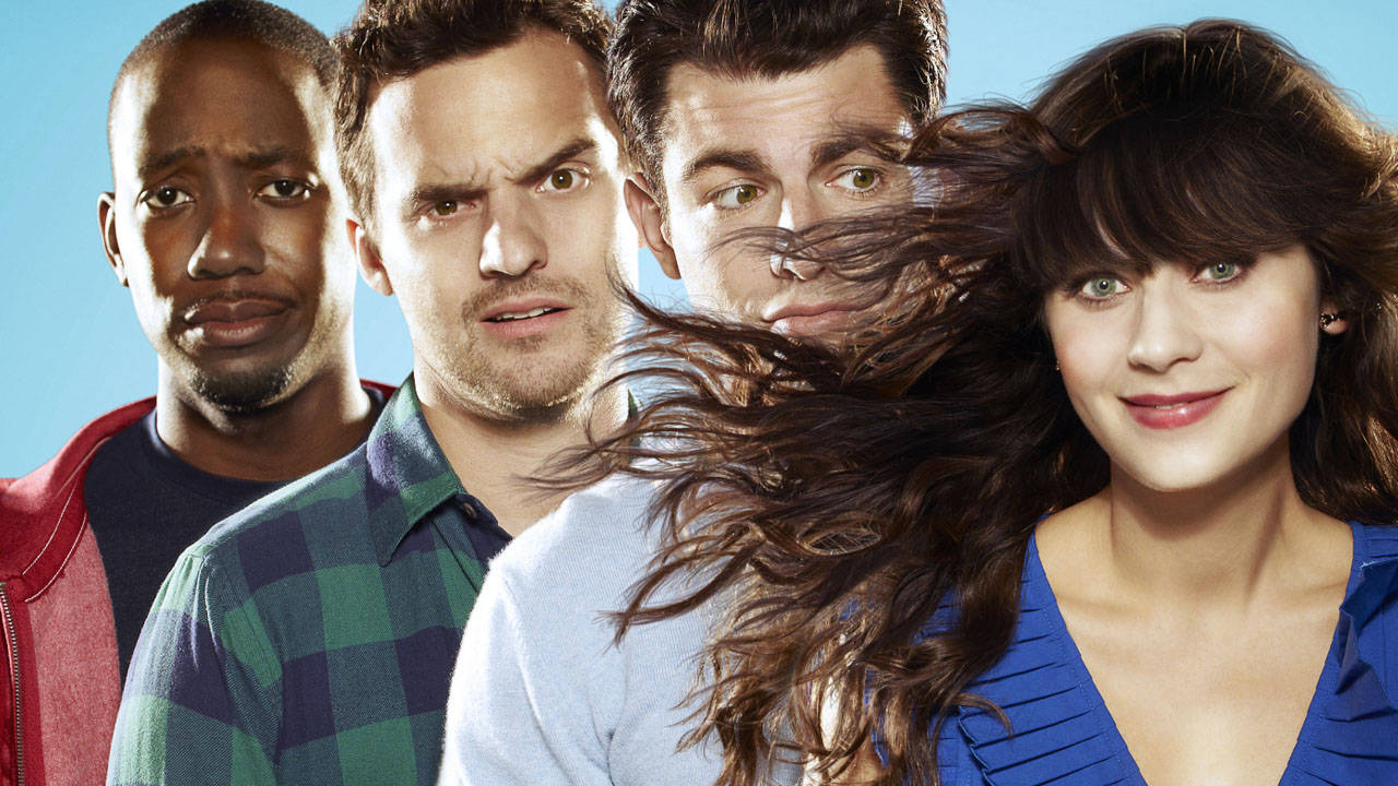 Sitcom New Girl Jess With Three Men Background